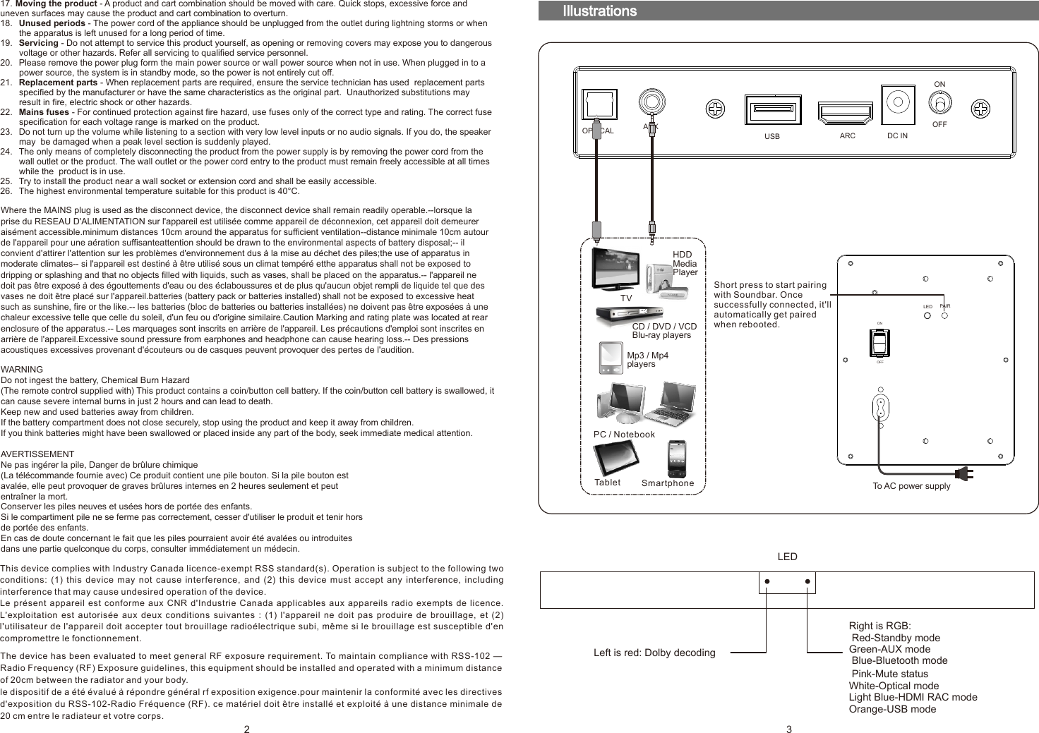 IllustrationsWhere the MAINS plug is used as the disconnect device, the disconnect device shall remain readily operable.--lorsque la prise du RESEAU D&apos;ALIMENTATION sur l&apos;appareil est utilisée comme appareil de déconnexion, cet appareil doit demeurer aisément accessible.minimum distances 10cm around the apparatus for sufficient ventilation--distance minimale 10cm autour de l&apos;appareil pour une aération suffisanteattention should be drawn to the environmental aspects of battery disposal;-- il convient d&apos;attirer l&apos;attention sur les problèmes d&apos;environnement dus à la mise au déchet des piles;the use of apparatus in moderate climates-- si l&apos;appareil est destiné à être utilisé sous un climat tempéré etthe apparatus shall not be exposed to dripping or splashing and that no objects filled with liquids, such as vases, shall be placed on the apparatus.-- l&apos;appareil ne doit pas être exposé à des égouttements d&apos;eau ou des éclaboussures et de plus qu&apos;aucun objet rempli de liquide tel que des vases ne doit être placé sur l&apos;appareil.batteries (battery pack or batteries installed) shall not be exposed to excessive heat such as sunshine, fire or the like.-- les batteries (bloc de batteries ou batteries installées) ne doivent pas être exposées à une chaleur excessive telle que celle du soleil, d&apos;un feu ou d&apos;origine similaire.Caution Marking and rating plate was located at rear enclosure of the apparatus.-- Les marquages sont inscrits en arrière de l&apos;appareil. Les précautions d&apos;emploi sont inscrites en arrière de l&apos;appareil.Excessive sound pressure from earphones and headphone can cause hearing loss.-- Des pressions acoustiques excessives provenant d&apos;écouteurs ou de casques peuvent provoquer des pertes de l&apos;audition.WARNINGDo not ingest the battery, Chemical Burn Hazard(The remote control supplied with) This product contains a coin/button cell battery. If the coin/button cell battery is swallowed, it can cause severe internal burns in just 2 hours and can lead to death.Keep new and used batteries away from children.If the battery compartment does not close securely, stop using the product and keep it away from children.If you think batteries might have been swallowed or placed inside any part of the body, seek immediate medical attention.AVERTISSEMENTNe pas ingérer la pile, Danger de brûlure chimique(La télécommande fournie avec) Ce produit contient une pile bouton. Si la pile bouton estavalée, elle peut provoquer de graves brûlures internes en 2 heures seulement et peutentraîner la mort.Conserver les piles neuves et usées hors de portée des enfants. Si le compartiment pile ne se ferme pas correctement, cesser d&apos;utiliser le produit et tenir horsde portée des enfants.En cas de doute concernant le fait que les piles pourraient avoir été avalées ou introduitesdans une partie quelconque du corps, consulter immédiatement un médecin.32ARC DC INONOFFAUXUSBOPTICALONOFFPAIRTVHDDMediaPlayerCD / DVD / VCDBlu-ray playersMp3 / Mp4 playersPC / NotebookTablet Smartphone To AC power supplyLEDRight is RGB: Red-Standby modeGreen-AUX mode Blue-Bluetooth mode Pink-Mute statusWhite-Optical modeLight Blue-HDMI RAC modeOrange-USB modeLEDLeft is red: Dolby decodingShort press to start pairing with Soundbar. Once successfully connected, it&apos;ll automatically get paired when rebooted.17. Moving the product - A product and cart combination should be moved with care. Quick stops, excessive force and uneven surfaces may cause the product and cart combination to overturn.18.  Unused periods - The power cord of the appliance should be unplugged from the outlet during lightning storms or when the apparatus is left unused for a long period of time.19.  Servicing - Do not attempt to service this product yourself, as opening or removing covers may expose you to dangerous voltage or other hazards. Refer all servicing to qualified service personnel.20.  Please remove the power plug form the main power source or wall power source when not in use. When plugged in to a power source, the system is in standby mode, so the power is not entirely cut off.21.  Replacement parts - When replacement parts are required, ensure the service technician has used  replacement parts specified by the manufacturer or have the same characteristics as the original part.  Unauthorized substitutions may result in fire, electric shock or other hazards.22.  Mains fuses - For continued protection against fire hazard, use fuses only of the correct type and rating. The correct fuse specification for each voltage range is marked on the product.23.  Do not turn up the volume while listening to a section with very low level inputs or no audio signals. If you do, the speaker may  be damaged when a peak level section is suddenly played.24.  The only means of completely disconnecting the product from the power supply is by removing the power cord from the wall outlet or the product. The wall outlet or the power cord entry to the product must remain freely accessible at all times while the  product is in use.25.  Try to install the product near a wall socket or extension cord and shall be easily accessible.26.  The highest environmental temperature suitable for this product is 40°C.The device has been evaluated to meet general RF exposure requirement. To maintain compliance with RSS-102 — Radio Frequency (RF) Exposure guidelines, this equipment should be installed and operated with a minimum distance of 20cm between the radiator and your body.le dispositif de a été évalué à répondre général rf exposition exigence.pour maintenir la conformité avec les directives d&apos;exposition du RSS-102-Radio Fréquence (RF). ce matériel doit être installé et exploité à une distance minimale de 20 cm entre le radiateur et votre corps.This device complies with Industry Canada licence-exempt RSS standard(s). Operation is subject to the following two conditions:  (1)  this  device  may  not  cause  interference,  and  (2)  this  device  must  accept  any  interference,  including interference that may cause undesired operation of the device. Le présent  appareil est  conforme aux  CNR d&apos;Industrie  Canada applicables  aux appareils  radio exempts  de licence. L&apos;exploitation  est  autorisée  aux  deux  conditions  suivantes  :  (1)  l&apos;appareil  ne  doit  pas  produire  de  brouillage,  et  (2) l&apos;utilisateur de l&apos;appareil doit accepter tout brouillage radioélectrique subi, même si le brouillage est susceptible d&apos;en compromettre le fonctionnement.80-TM100-97-0001-01     218-4-10
