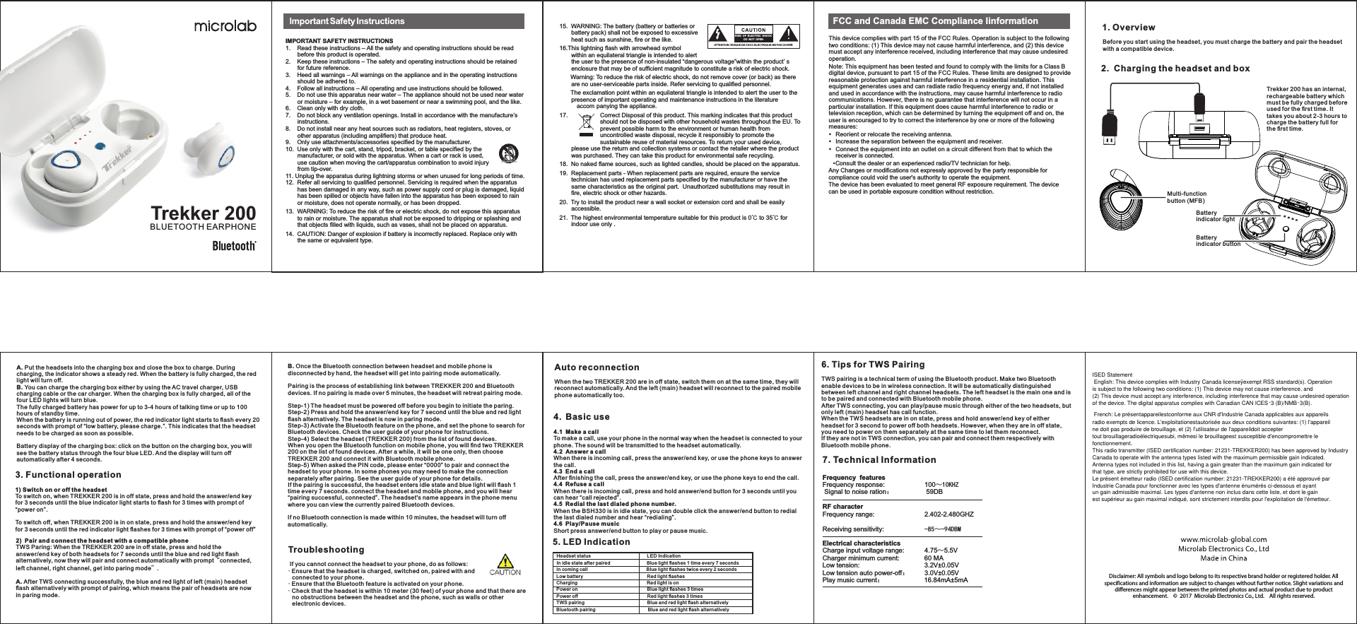15. WARNING: The battery (battery or batteries or battery pack) shall not be exposed to excessive heat such as sunshine, ﬁre or the like.16.This lightning ﬂash with arrowhead symbol within an equilateral triangle is intended to alert the user to the presence of non-insulated “dangerous voltage”within the product’ s enclosure that may be of sufﬁcient magnitude to constitute a risk of electric shock.Warning: To reduce the risk of electric shock, do not remove cover (or back) as there are no user-serviceable parts inside. Refer servicing to qualiﬁed personnel.The exclamation point within an equilateral triangle is intended to alert the user to the presence of important operating and maintenance instructions in the literature accom panying the appliance.17.   Correct Disposal of this product. This marking indicates that this product should not be disposed with other household wastes throughout the EU. To prevent possible harm to the environment or human health from uncontrolled waste disposal, recycle it responsibly to promote the sustainable reuse of material resources. To return your used device, please use the return and collection systems or contact the retailer where the product was purchased. They can take this product for environmental safe recycling.18. No naked ﬂame sources, such as lighted candles, should be placed on the apparatus.19. Replacement parts - When replacement parts are required, ensure the service technician has used replacement parts speciﬁed by the manufacturer or have the same characteristics as the original part.  Unauthorized substitutions may result in ﬁre, electric shock or other hazards.20. Try to install the product near a wall socket or extension cord and shall be easily accessible.21. The highest environmental temperature suitable for this product is 0℃ to 35℃ for indoor use only .IMPORTANT SAFETY INSTRUCTIONS1.  Read these instructions – All the safety and operating instructions should be read before this product is operated.2.  Keep these instructions – The safety and operating instructions should be retained for future reference.3.  Heed all warnings – All warnings on the appliance and in the operating instructions should be adhered to.4.  Follow all instructions – All operating and use instructions should be followed.5.  Do not use this apparatus near water – The appliance should not be used near water or moisture – for example, in a wet basement or near a swimming pool, and the like.6.  Clean only with dry cloth.7.  Do not block any ventilation openings. Install in accordance with the manufacture’s instructions.8. Do not install near any heat sources such as radiators, heat registers, stoves, orother apparatus (including ampliﬁers) that produce heat.9.  Only use attachments/accessories speciﬁed by the manufacturer.10. Use only with the cart, stand, tripod, bracket, or table speciﬁed by the manufacturer, or sold with the apparatus. When a cart or rack is used, use caution when moving the cart/apparatus combination to avoid injury from tip-over.11. Unplug the apparatus during lightning storms or when unused for long periods of time.12. Refer all servicing to qualiﬁed personnel. Servicing is required when the apparatus has been damaged in any way, such as power supply cord or plug is damaged, liquid has been spilled or objects have fallen into the apparatus has been exposed to rain or moisture, does not operate normally, or has been dropped.13. WARNING: To reduce the risk of ﬁre or electric shock, do not expose this apparatus to rain or moisture. The apparatus shall not be exposed to dripping or splashing and that objects ﬁlled with liquids, such as vases, shall not be placed on apparatus.14. CAUTION: Danger of explosion if battery is incorrectly replaced. Replace only withthe same or equivalent type.ATTEN TIO N:RIS QUEDEC HOCE LECT RIQU E-NEPA SOUVR IRRIS K  OF  ELEC TRIC  SH OCK DO  NO T  OPEN This device complies with part 15 of the FCC Rules. Operation is subject to the following two conditions: (1) This device may not cause harmful interference, and (2) this device must accept any interference received, including interference that may cause undesired operation.Note: This equipment has been tested and found to comply with the limits for a Class B digital device, pursuant to part 15 of the FCC Rules. These limits are designed to provide reasonable protection against harmful interference in a residential installation. This equipment generates uses and can radiate radio frequency energy and, if not installed and used in accordance with the instructions, may cause harmful interference to radio communications. However, there is no guarantee that interference will not occur in a particular installation. If this equipment does cause harmful interference to radio or television reception, which can be determined by turning the equipment off and on, the user is encouraged to try to correct the interference by one or more of the following measures:Reorient or relocate the receiving antenna.Increase the separation between the equipment and receiver.Connect the equipment into an outlet on a circuit different from that to which the receiver is connected. Consult the dealer or an experienced radio/TV technician for help.Any Changes or modifications not expressly approved by the party responsible for compliance could void the user&apos;s authority to operate the equipment.The device has been evaluated to meet general RF exposure requirement. The device can be used in portable exposure condition without restriction.FCC and Canada EMC Compliance IinformationBefore you start using the headset, you must charge the battery and pair the headset with a compatible device.1. Overview2. Charging the headset and boxTrekker 200 has an internal, rechargeable battery which must be fully charged before used for the ﬁrst time. It takes you about 2-3 hours to charge the battery full for the ﬁrst time. A. Put the headsets into the charging box and close the box to charge. During charging, the indicator shows a steady red. When the battery is fully charged, the red light will turn off. B. You can charge the charging box either by using the AC travel charger, USB charging cable or the car charger. When the charging box is fully charged, all of the four LED lights will turn blue. The fully charged battery has power for up to 3-4 hours of talking time or up to 100 hours of standby time. When the battery is running out of power, the red indicator light starts to ﬂash every 20 seconds with prompt of “low battery, please charge.”. This ind icates that the headset needs to be charged as soon as possible.Battery display of the charging box: click on the button on the charging box, you will see the battery status through the four blue LED. And the display will turn off automatically after 4 seconds.3. Functional operation1) Switch on or off the h eadsetTo switch on, when TREKKER 200 is in off state, press and hold the answer/end key for 3 seconds until the blue indicator light starts to ﬂash for 3 times with prompt of “power on”.To switch off, when TREKKER 200 is in on state, press and hold the answer/end key for 3 seconds until the red indicator light ﬂashes for 3 times with prompt of “power off”2) Pair and connect the headset with a compatible phone TWS Paring: When the TREKKER 200 are in off state, press and hold the answer/end key of both headsets for 7 seconds until the blue and red light ﬂash alternatively, now they will p air and connect automatically with prompt“connected, left channel, right channel, get into paring mode”. A. After TWS connecting successfully, the blue and red light of le ft (main) headset ﬂash alternatively with prompt of pairing, which means the pair of headsets are now in paring mode. B. Once the Bluetooth connection between headset and mobile phone is disconnected by hand, the headset will get into pairing mode automatically. Pairing is the process of establishing link between TR EKKER 200 and Bluetooth devices. If no pairing is made over 5 minutes, the headset will retreat pairing mode. Step-1) The headset must be powered off before you begin to initiate the paring. Step-2) Press and hold the answer/end key for 7 second until the blue and red light ﬂash alternatively. The headset is now in paring mode. Step-3) Activate the Bluetooth feature on the phone, and set the phone to search for Bluetooth devices. Check the user guide of your phone for instructions.Step-4) Select the headset (TREKKER 200) from the list of found devic es.When you open the Bluetooth function on mobile phone, you will ﬁnd two TREKKER 200 on the list of found devices. After a while, it will be one only, then choose TREKKER 200 and connect it with Bluetooth mobile phone. Step-5) When asked the PIN code, please enter “0000” to pair and connect the headset to your phone. In some phones you may need to make the connection separately after pairing. See the user guide of your phone for details. If the pairing is successful, the headset enters idle state and blue light will ﬂash 1 time every 7 seconds. connect the headset and mobile phone, and you will hear “pairing successful, connected”. The headset&apos;s name appears in the phone menu where you can view the currently paired Bluetooth devices.If no Bluetooth connection is made within 10 minutes, the headset will turn off automatically.Troubleshooting  If you cannot connect the headset to your phone, do as follows:· Ensure that the headset is charged, switched on, paired with and connected to your phone.· Ensure that the Bluetooth feature is activated on your phone.· Check that the headset is within 10 meter (30 feet) of your phone and that there are no obstructions between the headset and the phone, such as walls or other electronic devices.Auto reconnectionWhen the two TREKKER 200 are in off state, s witch them on at the same time, they will reconnect automatically. And the left (main) headset will reconnect to the paired mobile phone automatically too. 4.  Basic use 4.1  Make a callTo make a call, use your phone in the normal way when the headset is connected to your phone. The sound will be transm itted to the headset automatically.4.2  Answer a callWhen there is incoming call, press the answer/end key, or use the phone keys to answer the call.4.3  End a callAfter ﬁnishing the call, press the answer/end key, or use the phone keys to end the call.4.4  Refuse a callWhen there is incoming call, press and hold answer/end button for 3 seconds until you can hear “call rejected”.4.5  Redial the las t dialed phone number.When the BSH330 is in idle state, you can double click the answer/end button to redial the last dialed number and hear “redialing”. 4.6  Play/Pause m usicShort press answer/end button to play or pause music. 5. LED Indication   Headse t st at us LED Indicati on   In idle st at e af te r pa ired Blue light ﬂ as he s 1 ti me e very 7 seconds   In comin g ca ll B lu e li gh t ﬂashes twice every 2 seconds    Low batt er y Red light ﬂash es    Chargi ng Red light is on   Power on Blue light ﬂashe s 3 ti me s   Power off Red light ﬂashes 3 times   TWS pairing Blue and red lig ht ﬂ as h al ternatively   Blueto ot h pa ir in g Blue and red l ig ht ﬂ as h al ternatively6. Tips for TWS PairingTWS pairing is a technical term of using the Bluetooth product. Make two Bluetooth enable devices to be in wireless connection. It will be automatically distinguished between left channel and right channel headsets. The left headset is the main one and is to be paired and connected with Bluetooth mobile phone. After TWS connecting, you can play/pause music through either of the two headsets, but only left (main) headset has call function. When the TWS headsets are in on state, press and hold answer/end key of either headset for 3 second to power off b oth headsets. However, when they are in off state, you need to power on them separately at the same time to let them reconnect. If they are not in TWS connection, you can pair and connect them respectively with Bluetooth mobile phone. BLUETOOTH EARPHONETrekker 200 Battery indicator lightBattery indicator buttonFrequency  featuresFrequency response:   100～10KHZ Signal to noise ration：59DBRF characterFrequency range:   2.402-2.480GHZReceiving sensitivity: -85～-94DBMElectrical characteristicsCharge input voltage range:           4.75～5.5VCharger minimum current:              60 MALow tension:  3.2V±0.05VLow tension auto power-off：         3.0V±0.05VPlay music current：16.84mA±5mA7. Technical InformationDisclaimer: All symbols and logo belong to its respective brand holder or registered holder. All specifications and information are subject to changes without further notice. Slight variations and differences might appear between the printed photos and actual product due to product enhancement.    ©  2017  Microlab Electronics Co., Ltd.    All rights reserved.Multi-function button (MFB)ISED Statement English: This device complies with Industry Canada licenseÿexempt RSS standard(s). Operationis subject to the following two conditions: (1) This device may not cause interference, and(2) This device must accept any interference, including interference that may cause undesired operation French: Le présentappareilestconforme aux CNR d&apos;Industrie Canada applicables aux appareilsradio exempts de licence. L&apos;exploitationestautorisée aux deux conditions suivantes: (1) l&apos;appareilne doit pas produire de brouillage, et (2) l&apos;utilisateur de l&apos;appareildoit acceptertout brouillageradioélectriquesubi, mêmesi le brouillageest susceptible d&apos;encompromettre lefonctionnement.This radio transmitter (ISED certification number: 21231-TREKKER200) has been approved by IndustryCanada to operate with the antenna types listed with the maximum permissible gain indicated.Antenna types not included in this list, having a gain greater than the maximum gain indicated forthat type, are strictly prohibited for use with this device.Industrie Canada pour fonctionner avec les types d&apos;antenne énumérés ci-dessous et ayantun gain admissible maximal. Les types d&apos;antenne non inclus dans cette liste, et dont le gainest supérieur au gain maximal indiqué, sont strictement interdits pour l&apos;exploitation de l&apos;émetteur.Le présent émetteur radio (ISED certification number: 21231-TREKKER200) a été approuvé parof the device. The digital apparatus complies with Canadian CAN ICES  (B)/NMB (B).33- -