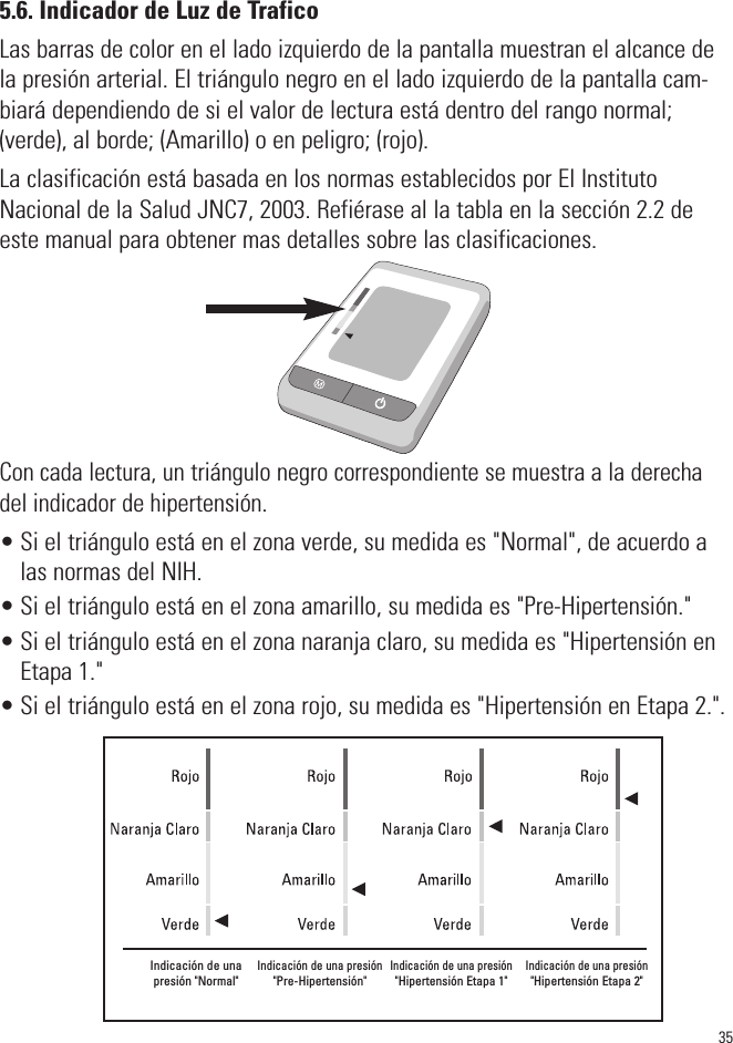 5.6. Indicador de Luz de TraficoLas barras de color en el lado izquierdo de la pantalla muestran el alcance dela presión arterial. El triángulo negro en el lado izquierdo de la pantalla cam-biará dependiendo de si el valor de lectura está dentro del rango normal;(verde), al borde; (Amarillo) o en peligro; (rojo).La clasificación está basada en los normas establecidos por El InstitutoNacional de la Salud JNC7, 2003. Refiérase al la tabla en la sección 2.2 deeste manual para obtener mas detalles sobre las clasificaciones.Con cada lectura, un triángulo negro correspondiente se muestra a la derechadel indicador de hipertensión.• Si el triángulo está en el zona verde, su medida es &quot;Normal&quot;, de acuerdo alas normas del NIH.• Si el triángulo está en el zona amarillo, su medida es &quot;Pre-Hipertensión.&quot;• Si el triángulo está en el zona naranja claro, su medida es &quot;Hipertensión enEtapa 1.&quot;• Si el triángulo está en el zona rojo, su medida es &quot;Hipertensión en Etapa 2.&quot;.SYSmmHgDIAmmHgPulse/min35Indicación de unapresión &quot;Normal&quot;Indicación de una presión&quot;Pre-Hipertensión&quot;Indicación de una presión&quot;Hipertensión Etapa 1&quot;Indicación de una presión&quot;Hipertensión Etapa 2&quot;