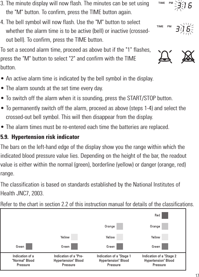 173. The minute display will now flash. The minutes can be set usingthe &quot;M&quot; button. To confirm, press the TIME button again.4. The bell symbol will now flash. Use the &quot;M&quot; button to selectwhether the alarm time is to be active (bell) or inactive (crossed-out bell). To confirm, press the TIME button.To set a second alarm time, proceed as above but if the &quot;1&quot; flashes,press the &quot;M&quot; button to select &quot;2&quot; and confirm with the TIMEbutton.• An active alarm time is indicated by the bell symbol in the display.• The alarm sounds at the set time every day.• To switch off the alarm when it is sounding, press the START/STOP button.• To permanently switch off the alarm, proceed as above (steps 1-4) and select thecrossed-out bell symbol. This will then disappear from the display.• The alarm times must be re-entered each time the batteries are replaced.5.9. Hypertension risk indicatorThe bars on the left-hand edge of the display show you the range within which theindicated blood pressure value lies. Depending on the height of the bar, the readoutvalue is either within the normal (green), borderline (yellow) or danger (orange, red)range.The classification is based on standards established by the National Institutes ofHealth JNC7, 2003.Refer to the chart in section 2.2 of this instruction manual for details of the classifications.Indication of a&quot;Normal&quot; BloodPressureIndication of a &quot;Pre-Hypertension&quot; BloodPressureIndication of a &quot;Stage 1Hypertension&quot; BloodPressureIndication of a &quot;Stage 2Hypertension&quot; BloodPressureTIME     PM          TIME     PM