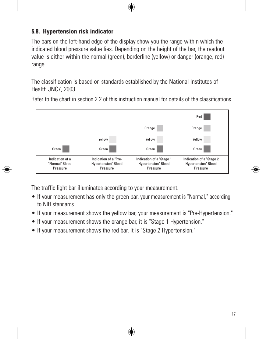 175.8. Hypertension risk indicatorThe bars on the left-hand edge of the display show you the range within which theindicated blood pressure value lies. Depending on the height of the bar, the readoutvalue is either within the normal (green), borderline (yellow) or danger (orange, red)range.The classification is based on standards established by the National Institutes ofHealth JNC7, 2003.Refer to the chart in section 2.2 of this instruction manual for details of the classifications.The traffic light bar illuminates according to your measurement.• If your measurement has only the green bar,your measurement is &quot;Normal,&quot; accordingto NIH standards.• If your measurement shows the yellow bar, your measurement is &quot;Pre-Hypertension.&quot;• If your measurement shows the orange bar, it is &quot;Stage 1 Hypertension.&quot;• If your measurement shows the red bar, it is &quot;Stage 2 Hypertension.&quot;Indication of a&quot;Normal&quot; BloodPressureIndication of a &quot;Pre-Hypertension&quot; BloodPressureIndication of a &quot;Stage 1Hypertension&quot; BloodPressureIndication of a &quot;Stage 2Hypertension&quot; BloodPressure