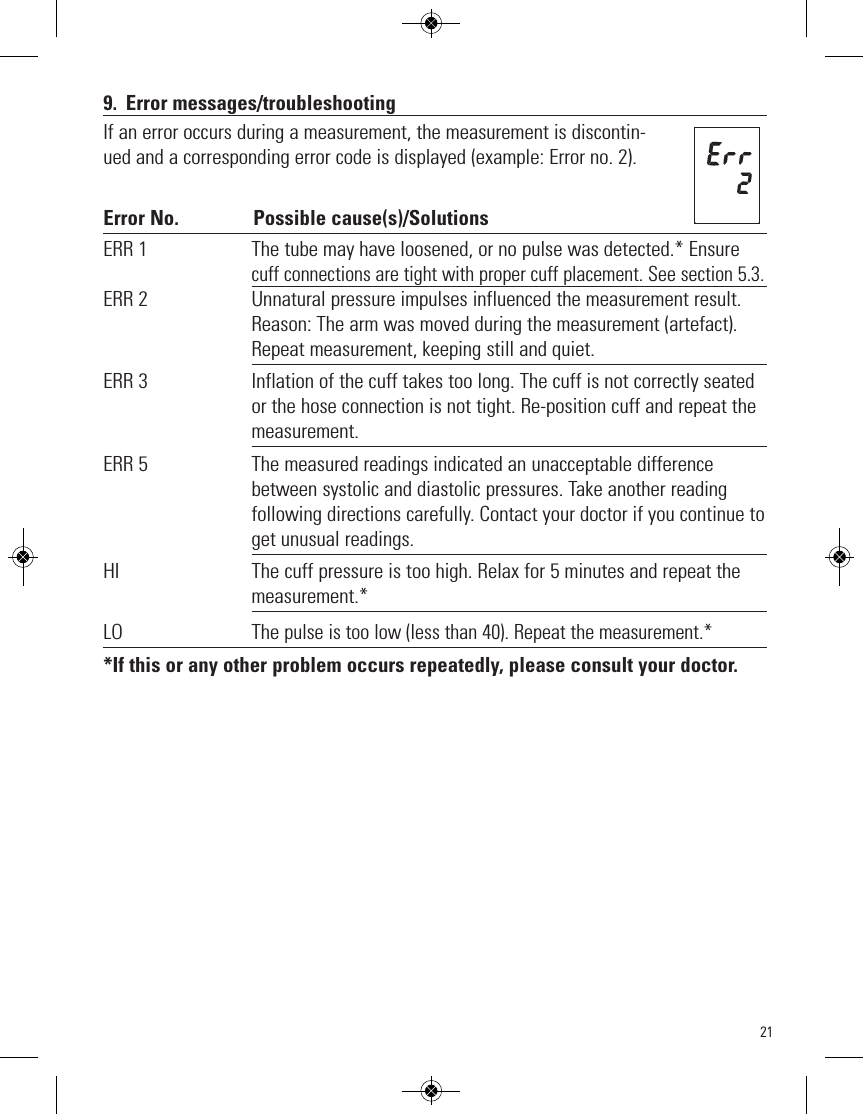 219. Error messages/troubleshootingIf an error occurs during a measurement, the measurement is discontin-ued and a corresponding error code is displayed (example: Error no. 2).Error No. Possible cause(s)/SolutionsERR 1 The tube may have loosened, or no pulse was detected.* Ensurecuff connections are tight with proper cuff placement. See section 5.3.ERR 2                       Unnatural pressure impulses influenced the measurement result.Reason: The arm was moved during the measurement (artefact).Repeat measurement, keeping still and quiet.ERR 3                       Inflation of the cuff takes too long. The cuff is not correctly seatedor the hose connection is not tight. Re-position cuff and repeat themeasurement.ERR 5                       The measured readings indicated an unacceptable differencebetween systolic and diastolic pressures. Take another readingfollowing directions carefully. Contact your doctor if you continue toget unusual readings.HI                             The cuff pressure is too high. Relax for 5 minutes and repeat themeasurement.*LO Thepulse is too low (less than 40). Repeat the measurement.**If this or any other problem occurs repeatedly, please consult your doctor.
