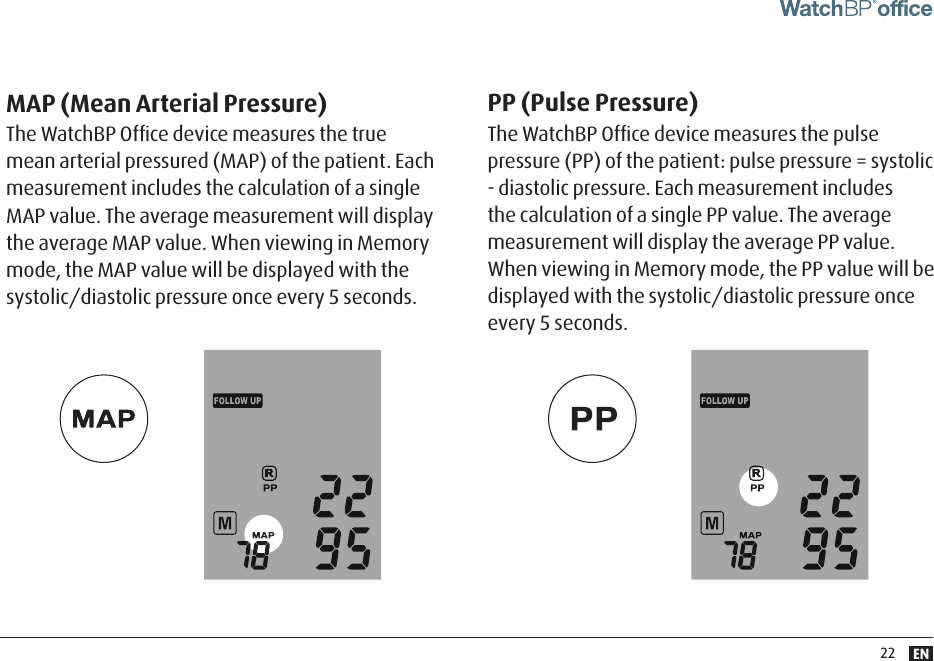 EN22MAP (Mean Arterial Pressure)The WatchBP Ofﬁce device measures the true mean arterial pressured (MAP) of the patient. Each measurement includes the calculation of a single MAP value. The average measurement will display the average MAP value. When viewing in Memory mode, the MAP value will be displayed with the systolic/diastolic pressure once every 5 seconds. PP (Pulse Pressure)The WatchBP Ofﬁce device measures the pulse pressure (PP) of the patient: pulse pressure = systolic - diastolic pressure. Each measurement includes the calculation of a single PP value. The average measurement will display the average PP value. When viewing in Memory mode, the PP value will be displayed with the systolic/diastolic pressure once every 5 seconds. 