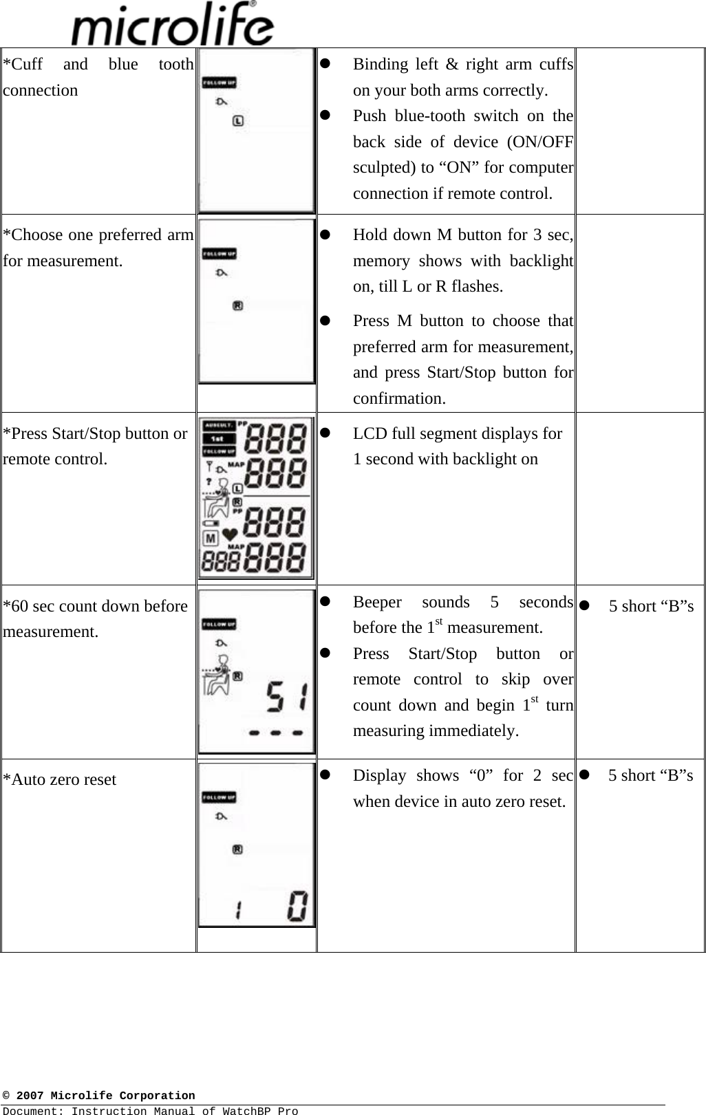  © 2007 Microlife Corporation Document: Instruction Manual of WatchBP Pro     *Cuff and blue tooth connection z Binding left &amp; right arm cuffs on your both arms correctly. z Push blue-tooth switch on the back side of device (ON/OFF sculpted) to “ON” for computer connection if remote control.  *Choose one preferred arm for measurement. z Hold down M button for 3 sec, memory shows with backlight on, till L or R flashes. z Press M button to choose that preferred arm for measurement, and press Start/Stop button for confirmation.  *Press Start/Stop button or remote control. z LCD full segment displays for 1 second with backlight on  *60 sec count down before measurement. z Beeper sounds 5 seconds before the 1st measurement. z Press Start/Stop button or remote control to skip over count down and begin 1st turn measuring immediately. z 5 short “B”s*Auto zero reset  z Display shows “0” for 2 sec when device in auto zero reset. z 5 short “B”s