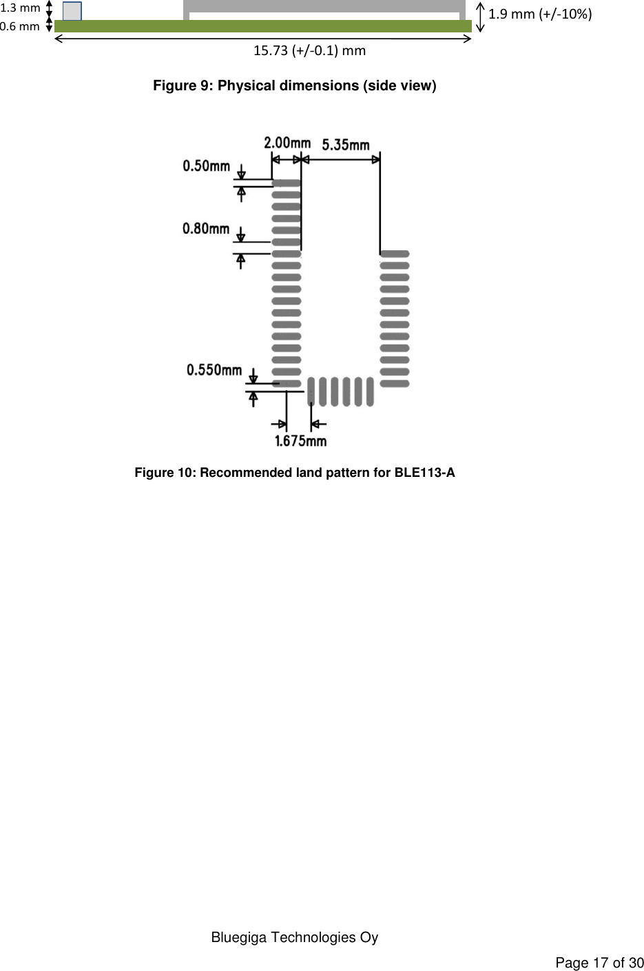   Bluegiga Technologies Oy Page 17 of 30  15.73 (+/-0.1) mm0.6 mm 1.9 mm (+/-10%)1.3 mm Figure 9: Physical dimensions (side view)   Figure 10: Recommended land pattern for BLE113-A 