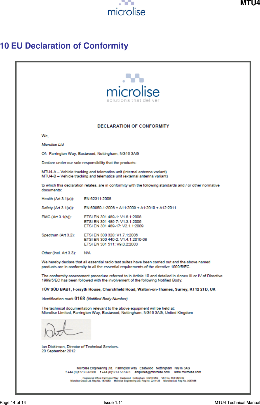    MTU4    Page 14 of 14  Issue 1.11  MTU4 Technical Manual  10 EU Declaration of Conformity   