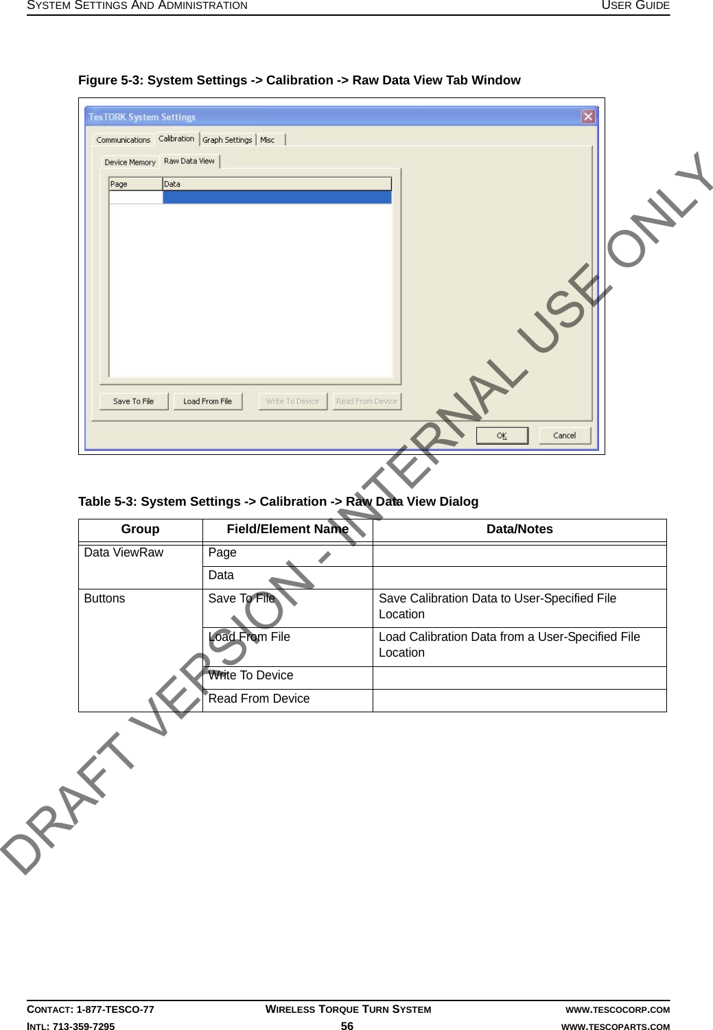 SYSTEM SETTINGS AND ADMINISTRATION USER GUIDECONTACT: 1-877-TESCO-77 WIRELESS TORQUE TURN SYSTEM WWW.TESCOCORP.COMINTL: 713-359-7295 56    WWW.TESCOPARTS.COMFigure 5-3: System Settings -&gt; Calibration -&gt; Raw Data View Tab WindowTable 5-3: System Settings -&gt; Calibration -&gt; Raw Data View Dialog Group Field/Element Name Data/NotesData ViewRaw PageDataButtons Save To File Save Calibration Data to User-Specified File LocationLoad From File Load Calibration Data from a User-Specified File LocationWrite To DeviceRead From DeviceDRAFT VERSION - INTERNAL USE ONLY