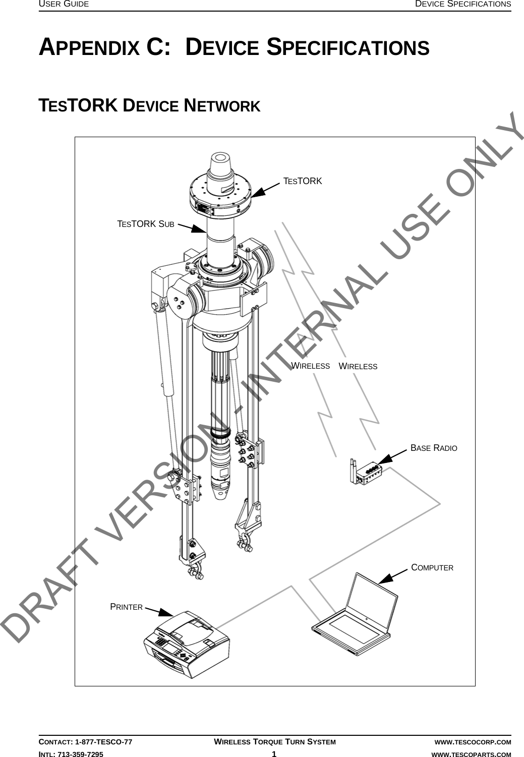 USER GUIDE DEVICE SPECIFICATIONSCONTACT: 1-877-TESCO-77 WIRELESS TORQUE TURN SYSTEM WWW.TESCOCORP.COMINTL: 713-359-7295 1   WWW.TESCOPARTS.COMAPPENDIX C:  DEVICE SPECIFICATIONSTESTORK DEVICE NETWORKTESTORKTESTORK SUBWIRELESSWIRELESSBASE RADIOCOMPUTERPRINTERDRAFT VERSION - INTERNAL USE ONLY