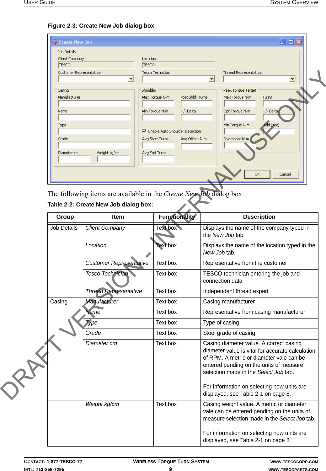 USER GUIDE SYSTEM OVERVIEWCONTACT: 1-877-TESCO-77 WIRELESS TORQUE TURN SYSTEM WWW.TESCOCORP.COMINTL: 713-359-7295 9   WWW.TESCOPARTS.COMThe following items are available in the Create New Job dialog box:Figure 2-3: Create New Job dialog boxTable 2-2: Create New Job dialog box:Group Item Functionality DescriptionJob Details Client Company  Text box Displays the name of the company typed in the New Job tabLocation  Text box Displays the name of the location typed in the New Job tab.Customer Representative  Text box Representative from the customer Tesco Technician Text box TESCO technician entering the job and connection dataThread Representative Text box Independent thread expertCasing Manufacturer Text box Casing manufacturerName Text box Representative from casing manufacturerType Text box Type of casingGrade Text box Steel grade of casingDiameter cm Text box Casing diameter value. A correct casing diameter value is vital for accurate calculation of RPM. A metric or diameter vale can be entered pending on the units of measure selection made in the Select Job tab. For information on selecting how units are displayed, see Table 2-1 on page 8.Weight kg/cm Text box Casing weight value. A metric or diameter vale can be entered pending on the units of measure selection made in the Select Job tab. For information on selecting how units are displayed, see Table 2-1 on page 8.DRAFT VERSION - INTERNAL USE ONLY