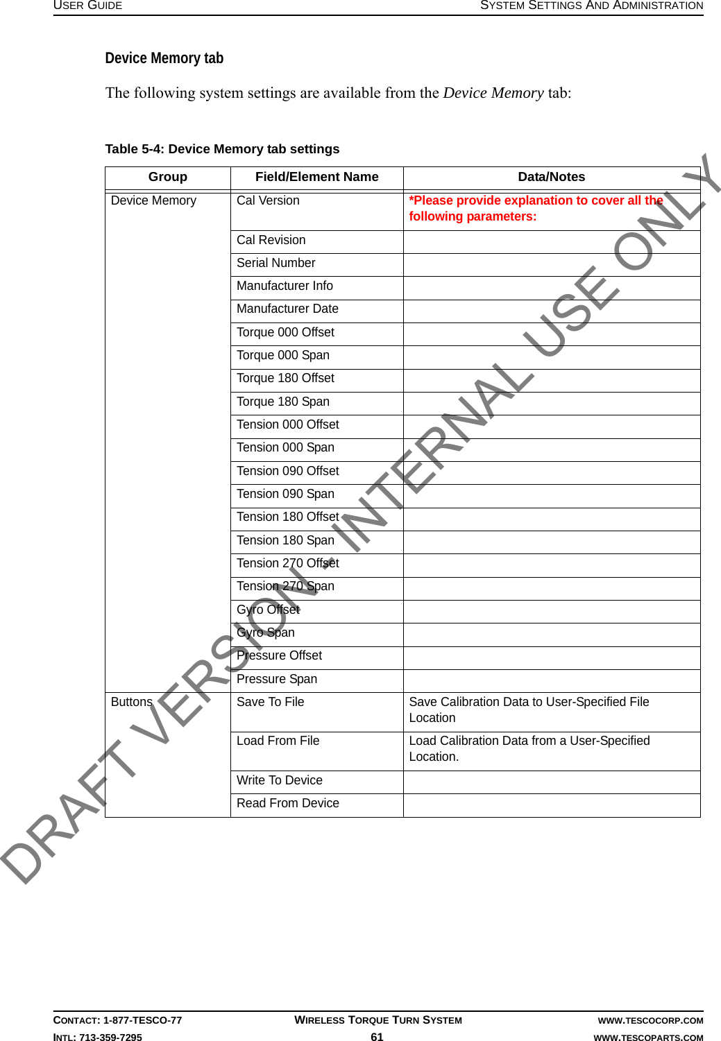USER GUIDE SYSTEM SETTINGS AND ADMINISTRATIONCONTACT: 1-877-TESCO-77 WIRELESS TORQUE TURN SYSTEM WWW.TESCOCORP.COMINTL: 713-359-7295 61    WWW.TESCOPARTS.COMDevice Memory tabThe following system settings are available from the Device Memory tab:Table 5-4: Device Memory tab settingsGroup Field/Element Name Data/NotesDevice Memory Cal Version*Please provide explanation to cover all the following parameters:Cal RevisionSerial NumberManufacturer InfoManufacturer DateTorque 000 OffsetTorque 000 SpanTorque 180 OffsetTorque 180 SpanTension 000 OffsetTension 000 SpanTension 090 OffsetTension 090 SpanTension 180 OffsetTension 180 SpanTension 270 OffsetTension 270 SpanGyro OffsetGyro SpanPressure OffsetPressure SpanButtons Save To File Save Calibration Data to User-Specified File LocationLoad From File Load Calibration Data from a User-Specified Location.Write To DeviceRead From DeviceDRAFT VERSION - INTERNAL USE ONLY