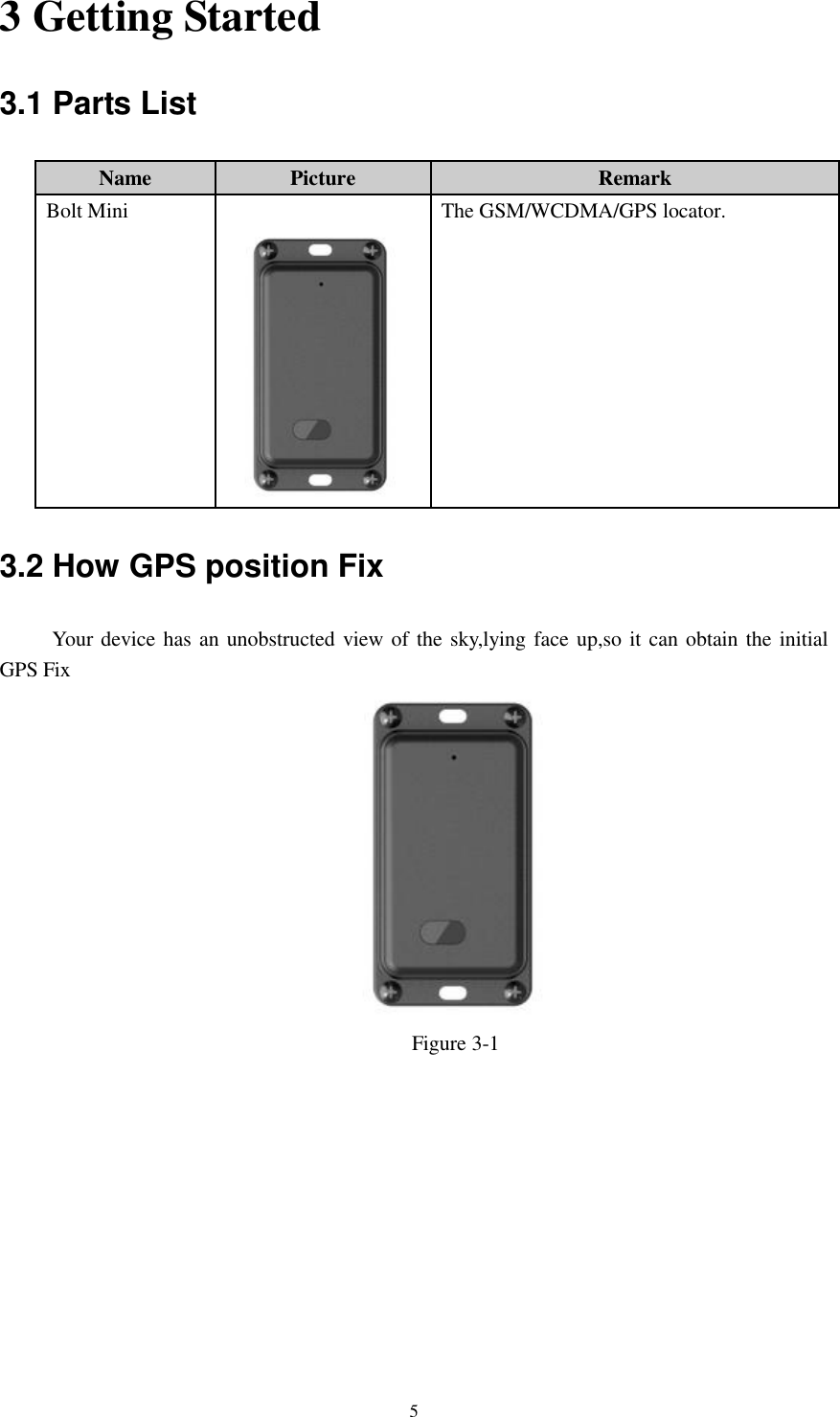 53 Getting Started 3.1 Parts List Name Picture Remark Bolt Mini The GSM/WCDMA/GPS locator.  3.2 How GPS position Fix      Your device has an unobstructed view of the sky,lying face up,so it can obtain the initial GPS Fix Figure 3-1 
