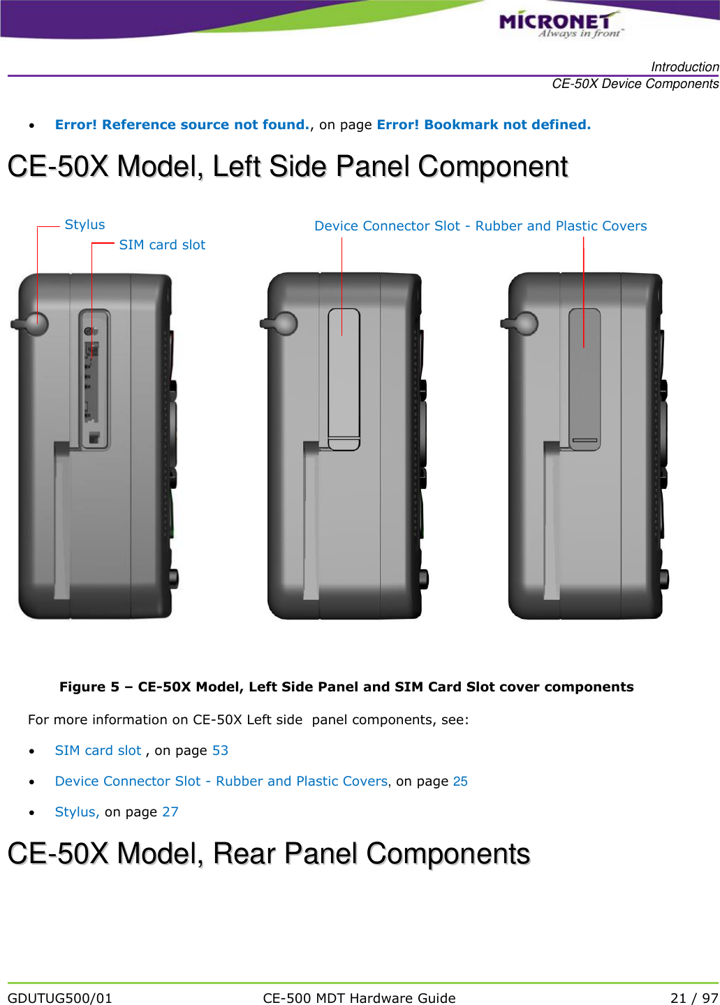   Introduction CE-50X Device Components   GDUTUG500/01 CE-500 MDT Hardware Guide 21 / 97   Error! Reference source not found., on page Error! Bookmark not defined. CCEE--5500XX  MMooddeell,,  LLeefftt  SSiiddee  PPaanneell  CCoommppoonneenntt                  Figure 5 &ndash; CE-50X Model, Left Side Panel and SIM Card Slot cover components For more information on CE-50X Left side  panel components, see:  SIM card slot , on page 53  Device Connector Slot - Rubber and Plastic Covers, on page 25  Stylus, on page 27 CCEE--5500XX  MMooddeell,,  RReeaarr  PPaanneell  CCoommppoonneennttss   SIM card slot Stylus Device Connector Slot - Rubber and Plastic Covers 
