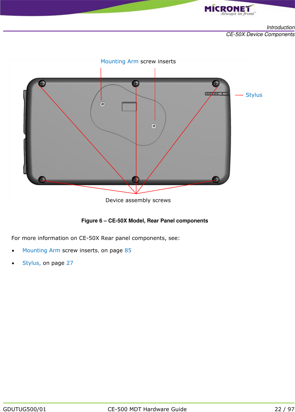   Introduction CE-50X Device Components   GDUTUG500/01 CE-500 MDT Hardware Guide 22 / 97   Figure 6 &ndash; CE-50X Model, Rear Panel components For more information on CE-50X Rear panel components, see:  Mounting Arm screw inserts, on page 85  Stylus, on page 27     Stylus Mounting Arm screw inserts Device assembly screws  