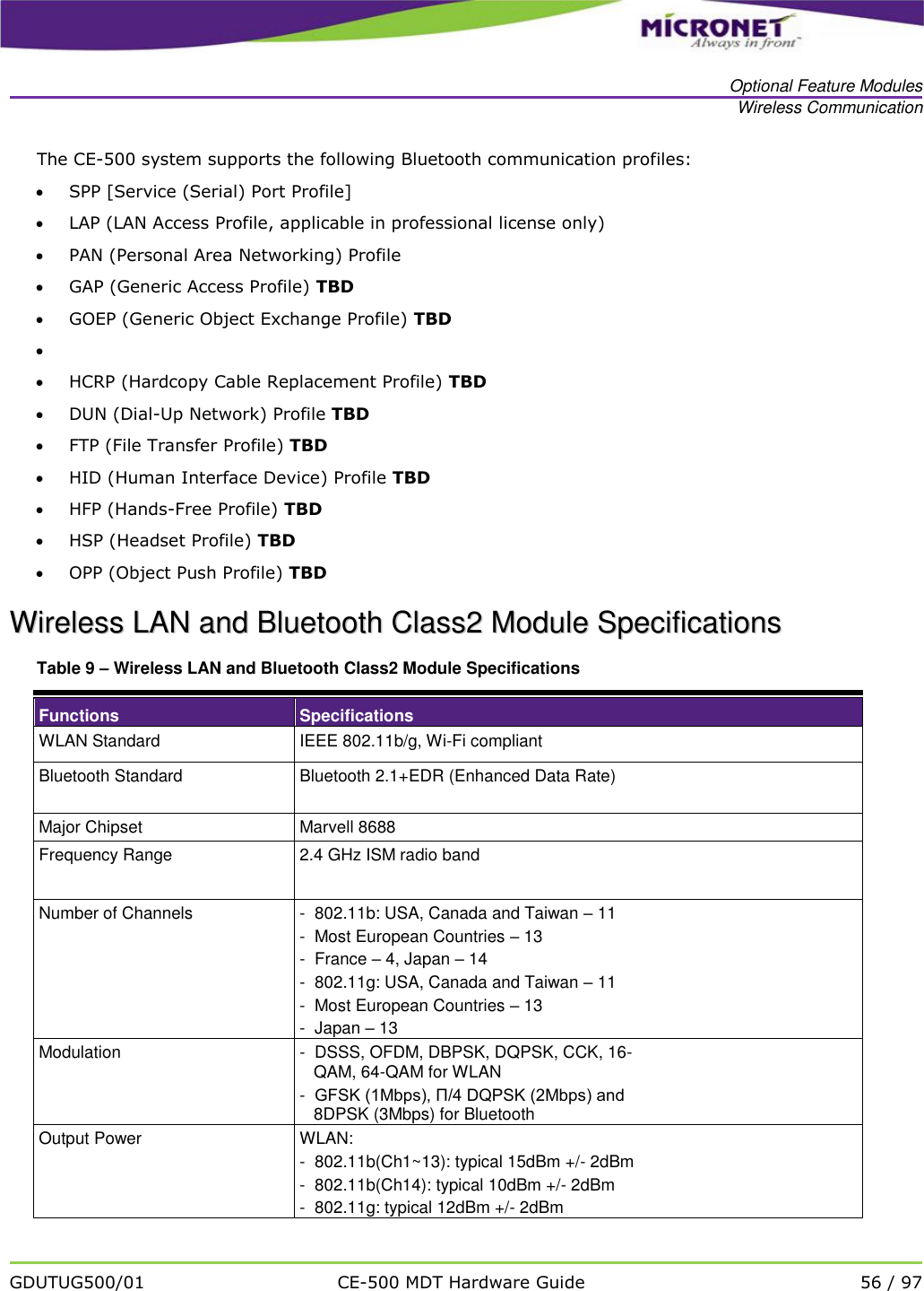   Optional Feature Modules Wireless Communication   GDUTUG500/01 CE-500 MDT Hardware Guide 56 / 97  The CE-500 system supports the following Bluetooth communication profiles:  SPP [Service (Serial) Port Profile]   LAP (LAN Access Profile, applicable in professional license only)   PAN (Personal Area Networking) Profile   GAP (Generic Access Profile) TBD  GOEP (Generic Object Exchange Profile) TBD    HCRP (Hardcopy Cable Replacement Profile) TBD  DUN (Dial-Up Network) Profile TBD  FTP (File Transfer Profile) TBD  HID (Human Interface Device) Profile TBD  HFP (Hands-Free Profile) TBD  HSP (Headset Profile) TBD  OPP (Object Push Profile) TBD WWiirreelleessss  LLAANN  aanndd  BBlluueettooootthh  CCllaassss22  MMoodduullee  SSppeecciiffiiccaattiioonnss  Table 9 &ndash; Wireless LAN and Bluetooth Class2 Module Specifications Functions   Specifications WLAN Standard IEEE 802.11b/g, Wi-Fi compliant Bluetooth Standard Bluetooth 2.1+EDR (Enhanced Data Rate) Major Chipset Marvell 8688 Frequency Range 2.4 GHz ISM radio band Number of Channels -  802.11b: USA, Canada and Taiwan &ndash; 11 -  Most European Countries &ndash; 13 -  France &ndash; 4, Japan &ndash; 14 -  802.11g: USA, Canada and Taiwan &ndash; 11 -  Most European Countries &ndash; 13 -  Japan &ndash; 13 Modulation -  DSSS, OFDM, DBPSK, DQPSK, CCK, 16-    QAM, 64-QAM for WLAN -  GFSK (1Mbps), &Pi;/4 DQPSK (2Mbps) and     8DPSK (3Mbps) for Bluetooth Output Power WLAN: -  802.11b(Ch1~13): typical 15dBm +/- 2dBm -  802.11b(Ch14): typical 10dBm +/- 2dBm -  802.11g: typical 12dBm +/- 2dBm 