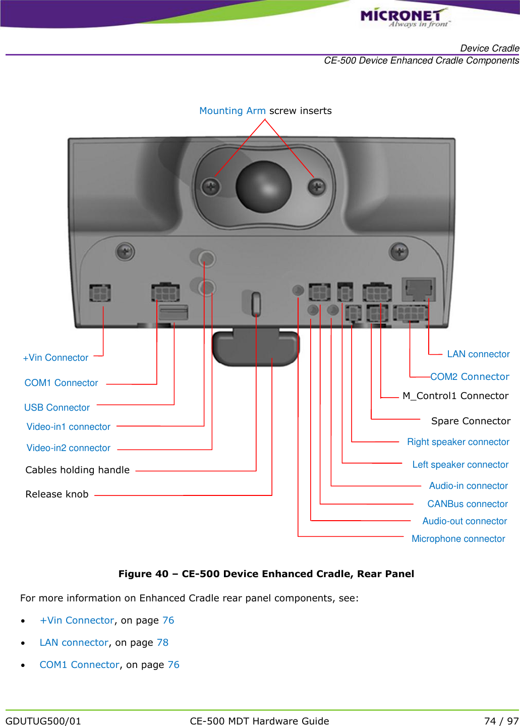   Device Cradle CE-500 Device Enhanced Cradle Components   GDUTUG500/01 CE-500 MDT Hardware Guide 74 / 97   Figure 40 &ndash; CE-500 Device Enhanced Cradle, Rear Panel For more information on Enhanced Cradle rear panel components, see:  +Vin Connector, on page 76  LAN connector, on page 78  COM1 Connector, on page 76 COM1 Connector +Vin Connector  USB Connector Video-in1 connector (Full) Video-in2 connector LAN connector COM2 Connector  Spare Connector  Right speaker connector Left speaker connector Mounting Arm screw inserts Audio-in connector Cables holding handle  Release knob Audio-out connector CANBus connector M_Control1 Connector Microphone connector 