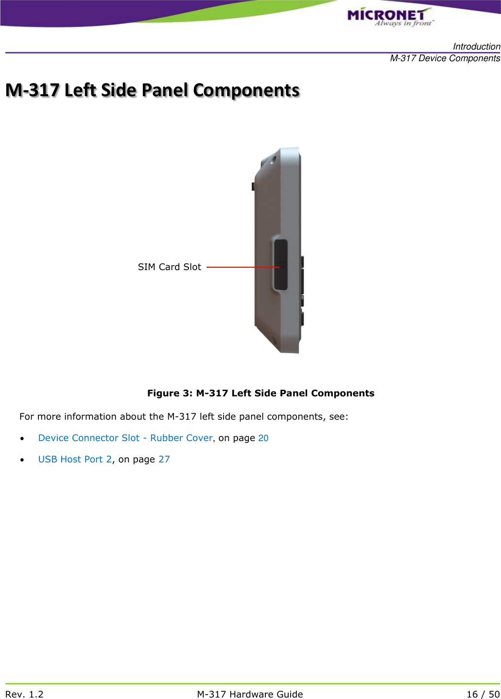   Introduction M-317 Device Components   Rev. 1.2 M-317 Hardware Guide 16 / 50  M-317 Left Side Panel Components  Figure 3: M-317 Left Side Panel Components For more information about the M-317 left side panel components, see:  Device Connector Slot - Rubber Cover, on page 20  USB Host Port 2, on page 27   SIM Card Slot 
