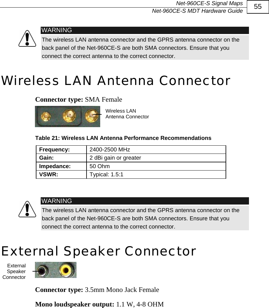  Net-960CE-S Signal Maps   Net-960CE-S MDT Hardware Guide  55  WARNING The wireless LAN antenna connector and the GPRS antenna connector on the back panel of the Net-960CE-S are both SMA connectors. Ensure that you connect the correct antenna to the correct connector. Wireless LAN Antenna Connector Connector type: SMA Female  Wireless LAN Antenna Connector Table 21: Wireless LAN Antenna Performance Recommendations Frequency:  2400-2500 MHz Gain:  2 dBi gain or greater Impedance:  50 Ohm VSWR:  Typical: 1.5:1   WARNING The wireless LAN antenna connector and the GPRS antenna connector on the back panel of the Net-960CE-S are both SMA connectors. Ensure that you connect the correct antenna to the correct connector. External Speaker Connector   External Speaker ConnectorConnector type: 3.5mm Mono Jack Female Mono loudspeaker output: 1.1 W, 4-8 OHM 