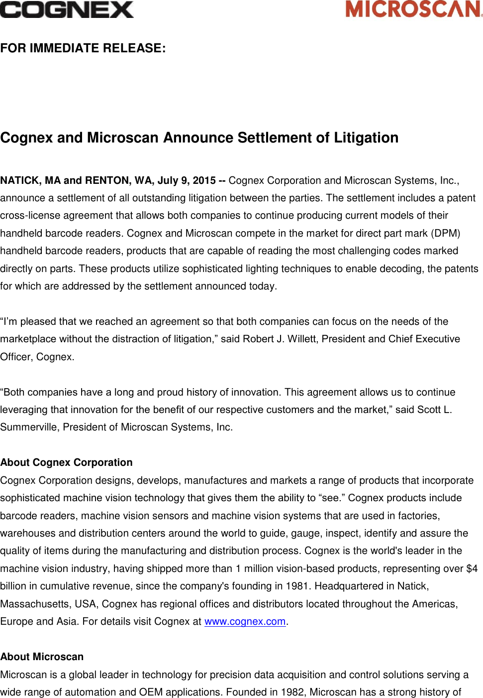 Page 1 of 2 - 2015-07-09 Cognex-Microscan-Settlement-PR