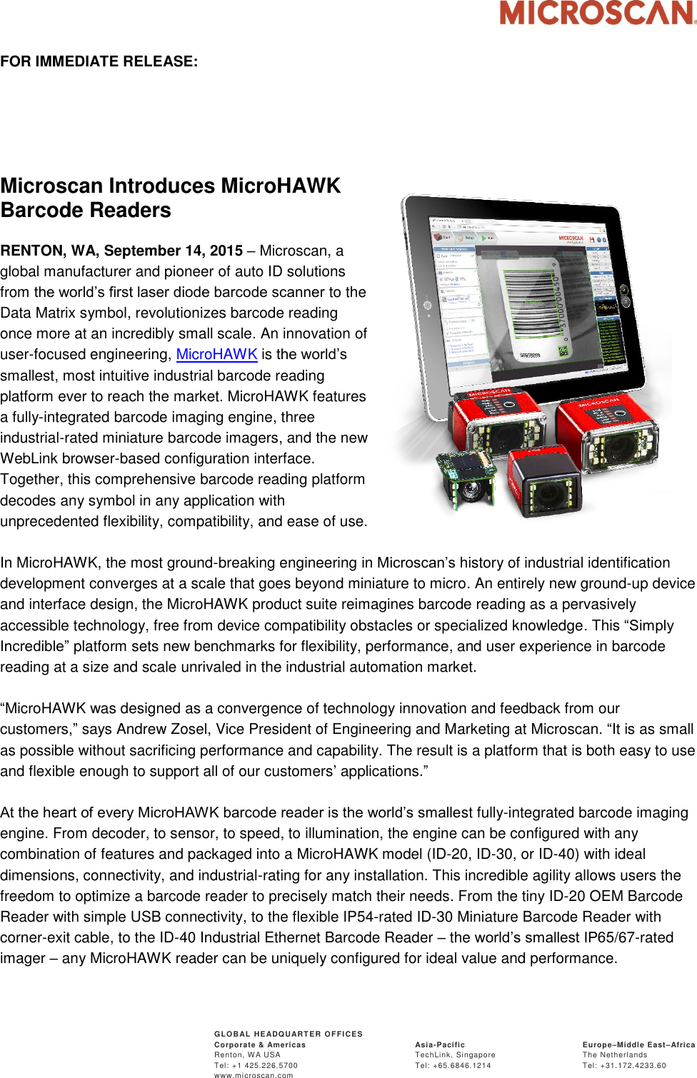 Page 1 of 2 - Microscan  2015-09-14 Microscan-Introduces-Micro HAWK-Barcode-Readers