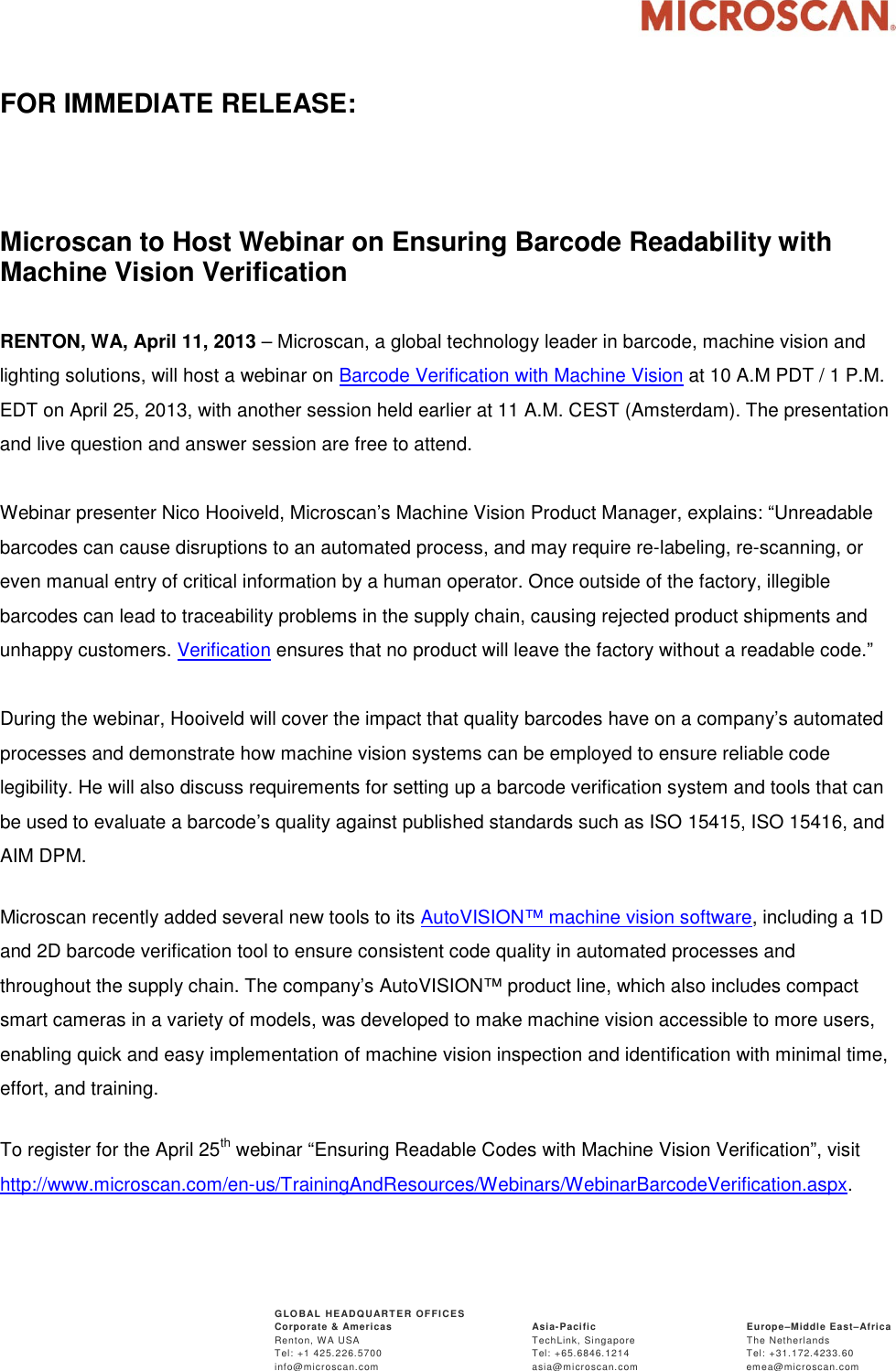 Page 1 of 2 - Microscan  Barcode Verification With Machine Vision Webinar