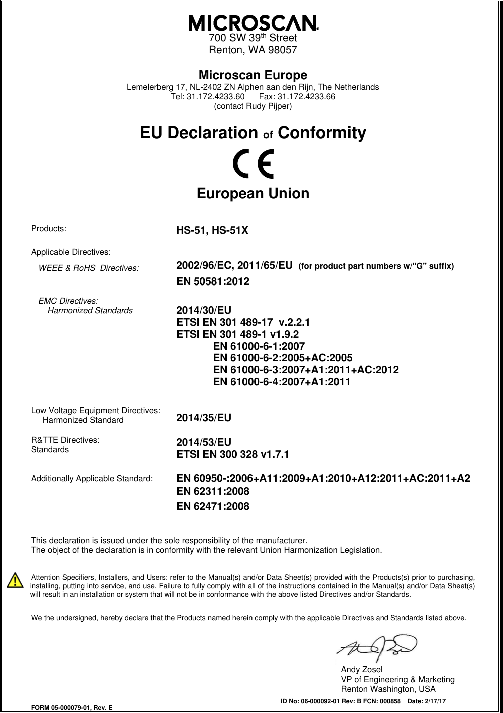 Declaration Of Conformity HS 51 / 51X CE