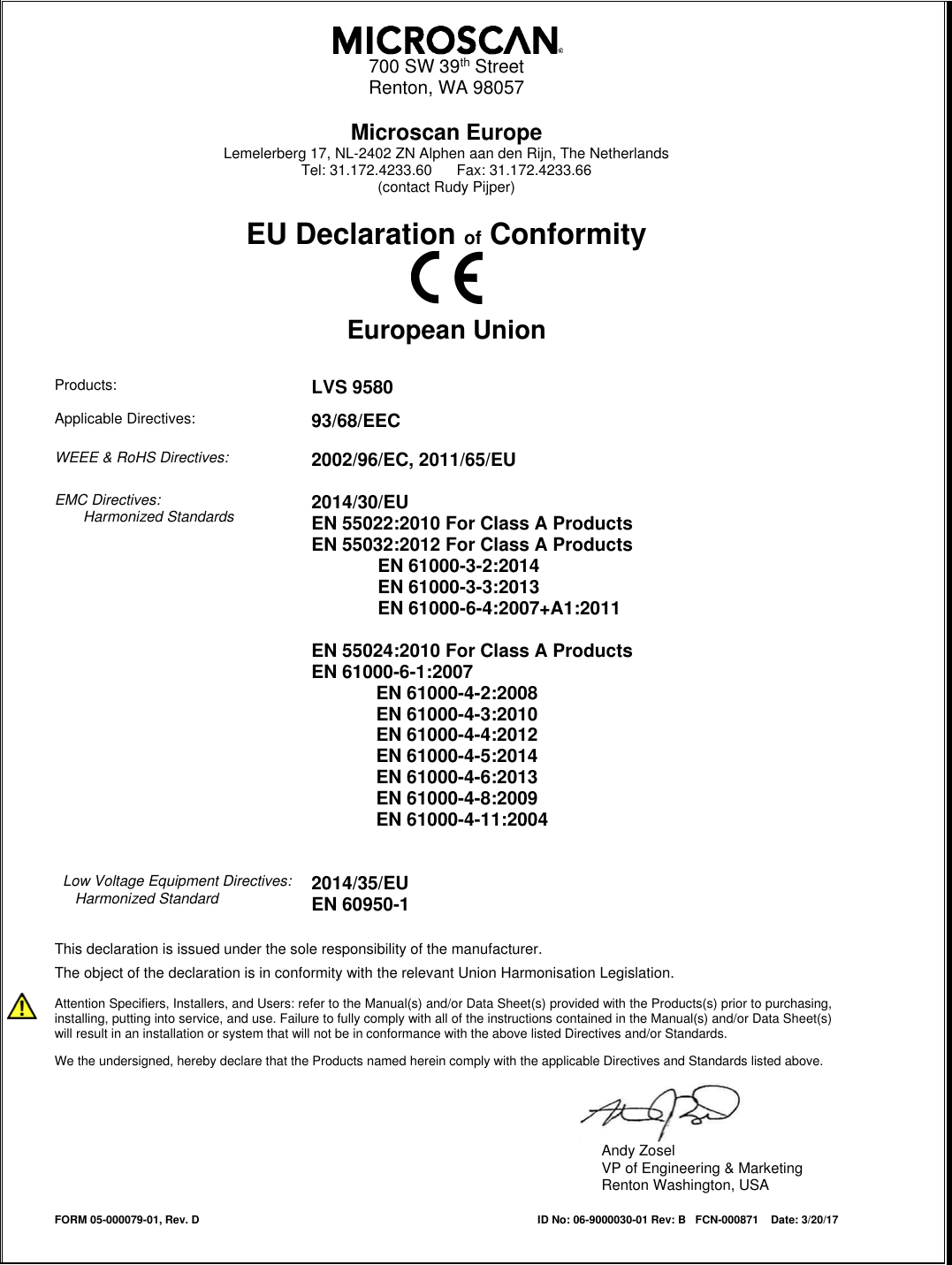 lvs 9580 declaration of conformity