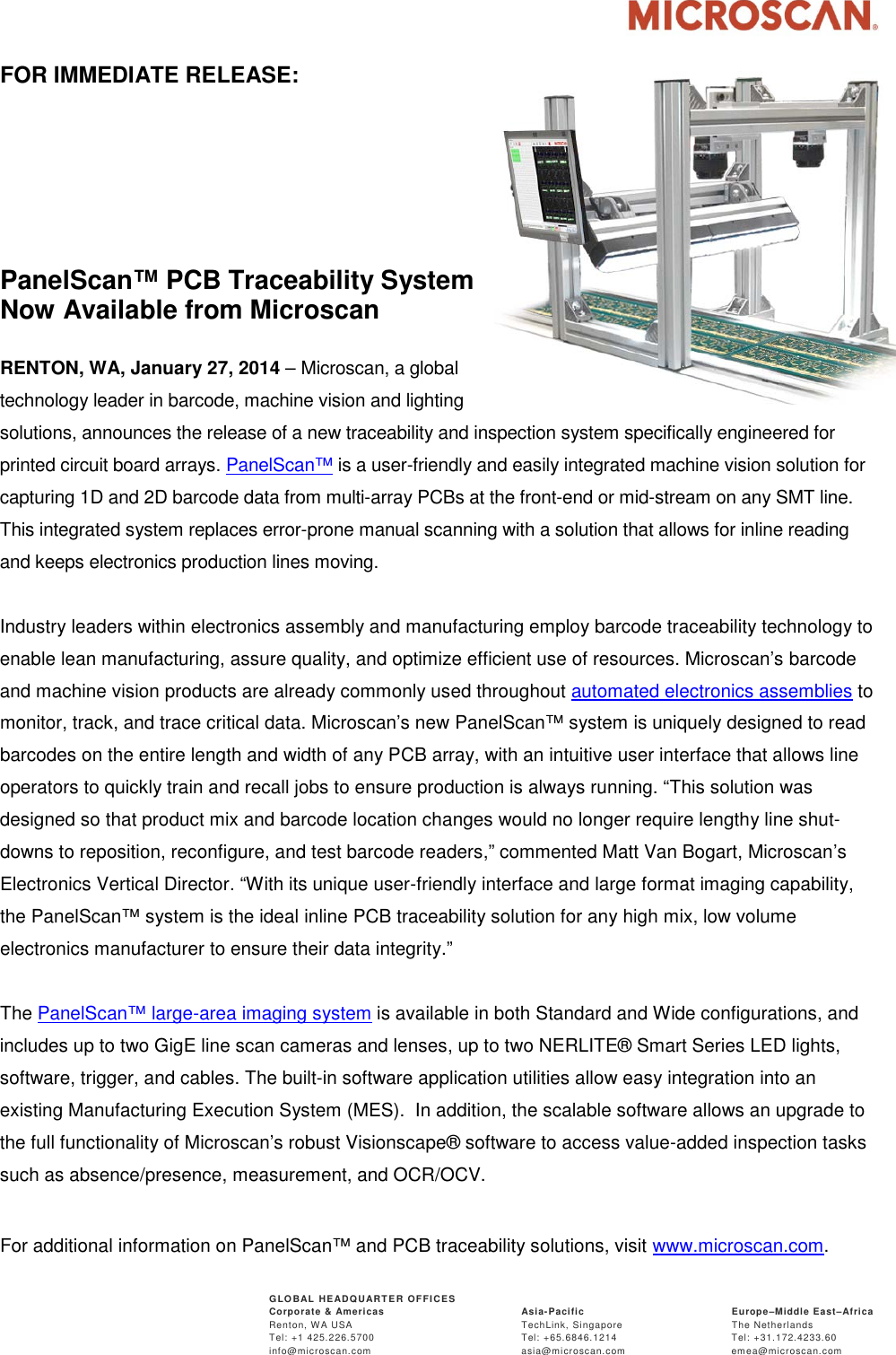 Page 1 of 2 - Microscan  Announces Panelscan Pcb Traceability System