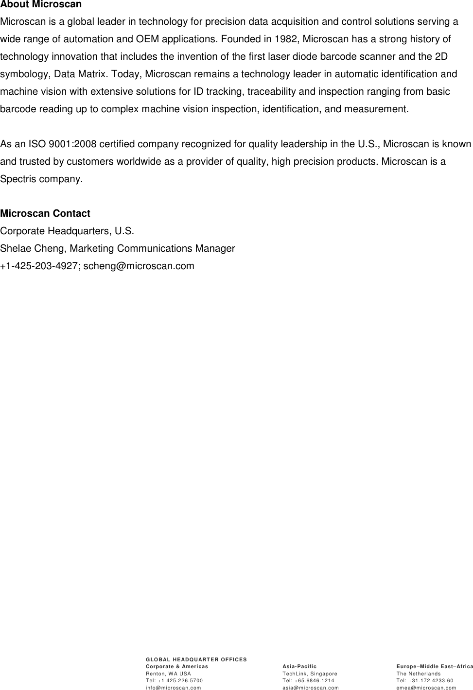 Page 2 of 2 - Microscan  Announces Panelscan Pcb Traceability System