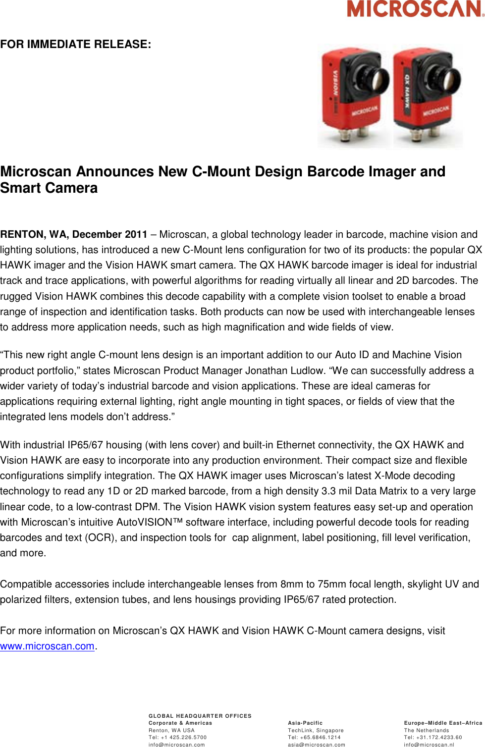 Page 1 of 2 - Microscan  New C-mount Qx Hawk Vision Cameras