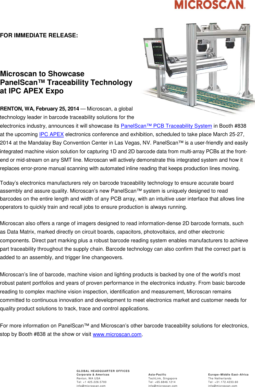 Page 1 of 2 - Microscan  Panelscan Pcb Traceability Showcased At IPC APEX