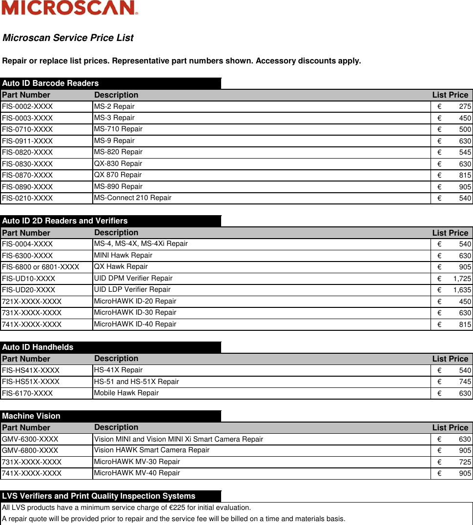 Page 1 of 1 - Microscan Service Price List  MASTER Rev A Jan 2017 EMEA