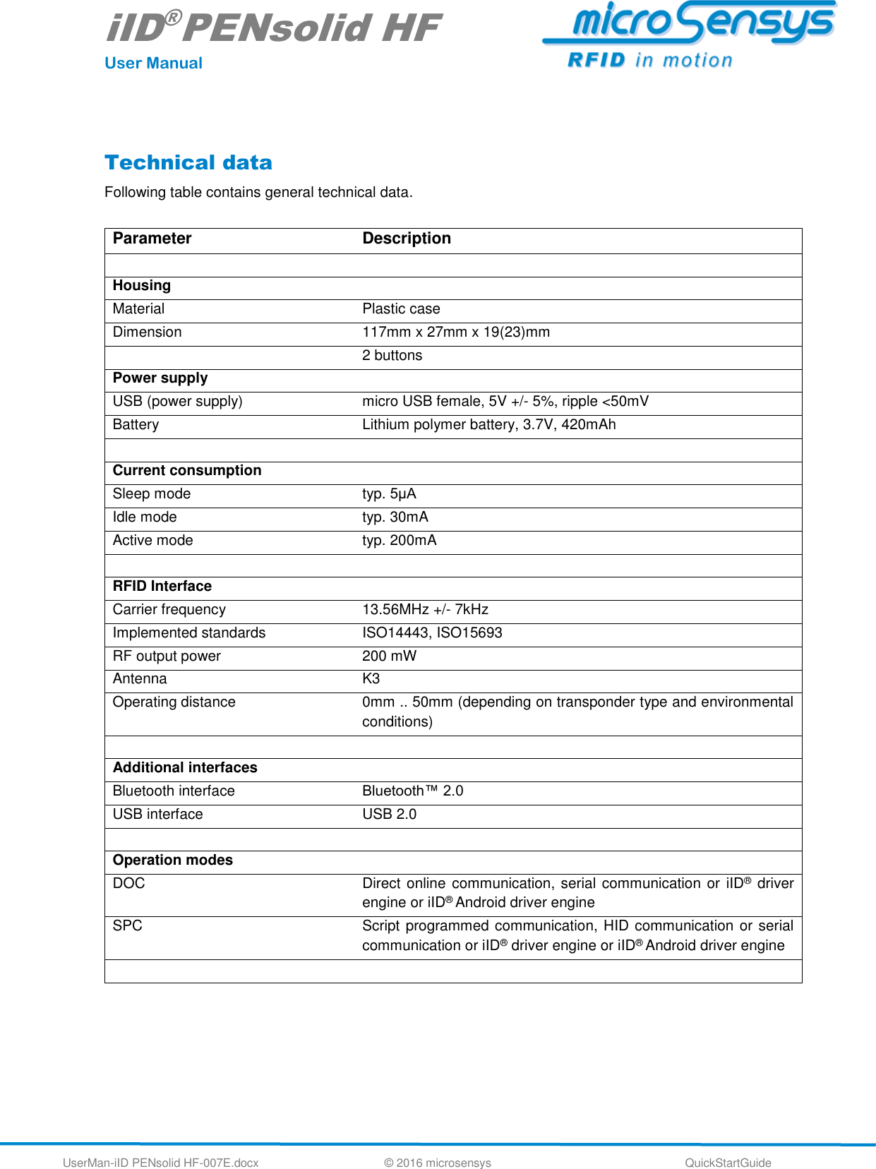 iID®PENsolid HF User Manual UserMan-iID PENsolid HF-007E.docx   © 2016 microsensys  QuickStartGuide  Technical data Following table contains general technical data.   Parameter Description   Housing  Material Plastic case Dimension 117mm x 27mm x 19(23)mm  2 buttons Power supply  USB (power supply) micro USB female, 5V +/- 5%, ripple &lt;50mV Battery Lithium polymer battery, 3.7V, 420mAh   Current consumption  Sleep mode typ. 5μA Idle mode typ. 30mA Active mode typ. 200mA   RFID Interface  Carrier frequency 13.56MHz +/- 7kHz Implemented standards ISO14443, ISO15693 RF output power 200 mW Antenna K3 Operating distance 0mm .. 50mm (depending on transponder type and environmental conditions)   Additional interfaces  Bluetooth interface Bluetooth™ 2.0 USB interface USB 2.0   Operation modes  DOC Direct online communication, serial communication or iID®  driver engine or iID® Android driver engine SPC Script programmed communication, HID communication or serial communication or iID® driver engine or iID® Android driver engine      