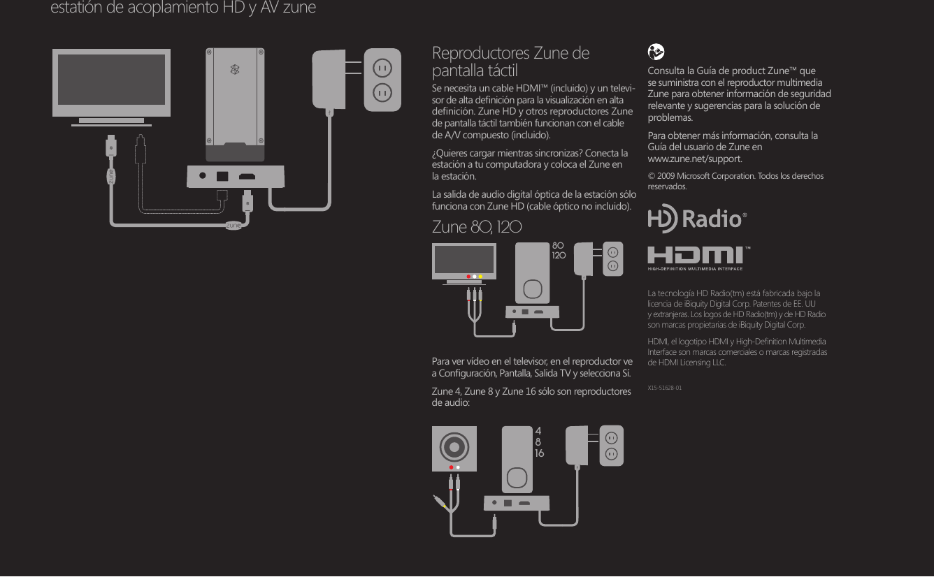 801204816estatión de acoplamiento HD y AV zuneReproductores Zune de  pantalla táctil Se necesita un cable HDMI™ (incluido) y un televi-sor de alta denición para la visualización en alta denición. Zune HD y otros reproductores Zune de pantalla táctil también funcionan con el cable  de A/V compuesto (incluido).¿Quieres cargar mientras sincronizas? Conecta la estación a tu computadora y coloca el Zune en la estación.La salida de audio digital óptica de la estación sólo funciona con Zune HD (cable óptico no incluido).Zune 80, 120Para ver vídeo en el televisor, en el reproductor ve a Conguración, Pantalla, Salida TV y selecciona Sí. Zune 4, Zune 8 y Zune 16 sólo son reproductores de audio:La tecnología HD Radio(tm) está fabricada bajo la licencia de iBiquity Digital Corp. Patentes de EE. UU  y extranjeras. Los logos de HD Radio(tm) y de HD Radio son marcas propietarias de iBiquity Digital Corp. HDMI, el logotipo HDMI y High-Denition Multimedia Interface son marcas comerciales o marcas registradas de HDMI Licensing LLC.Consulta la Guía de product Zune™ que se suministra con el reproductor multimedia Zune para obtener información de seguridad relevante y sugerencias para la solución de problemas.Para obtener más información, consulta la Guía del usuario de Zune en  www.zune.net/support.© 2009 Microsoft Corporation. Todos los derechos reservados.X15-51628-01