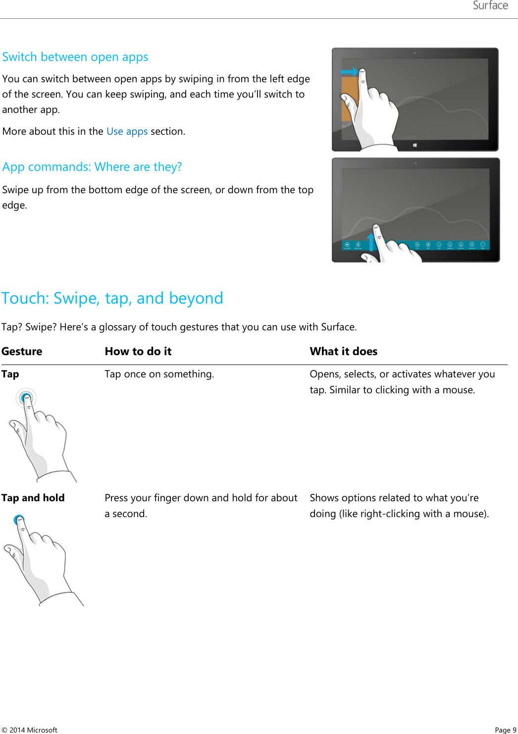   Switch between open apps  You can switch between open apps by swiping in from the left edge of the screen. You can keep swiping, and each time you’ll switch to another app. More about this in the Use apps section.  App commands: Where are they? Swipe up from the bottom edge of the screen, or down from the top edge.    Touch: Swipe, tap, and beyond Tap? Swipe? Here’s a glossary of touch gestures that you can use with Surface. Gesture How to do it What it does Tap  Tap once on something. Opens, selects, or activates whatever you tap. Similar to clicking with a mouse. Tap and hold  Press your finger down and hold for about a second. Shows options related to what you’re doing (like right-clicking with a mouse). © 2014 Microsoft     Page 9  