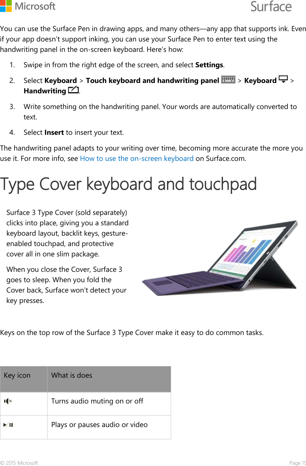    You can use the Surface Pen in drawing apps, and many others—any app that supports ink. Even if your app doesn’t support inking, you can use your Surface Pen to enter text using the handwriting panel in the on-screen keyboard. Here’s how: 1. Swipe in from the right edge of the screen, and select Settings.  2. Select Keyboard &gt; Touch keyboard and handwriting panel   &gt; Keyboard   &gt; Handwriting .  3. Write something on the handwriting panel. Your words are automatically converted to text. 4. Select Insert to insert your text. The handwriting panel adapts to your writing over time, becoming more accurate the more you use it. For more info, see How to use the on-screen keyboard on Surface.com. Type Cover keyboard and touchpad  Surface 3 Type Cover (sold separately) clicks into place, giving you a standard keyboard layout, backlit keys, gesture-enabled touchpad, and protective cover all in one slim package.  When you close the Cover, Surface 3 goes to sleep. When you fold the Cover back, Surface won’t detect your key presses.   Keys on the top row of the Surface 3 Type Cover make it easy to do common tasks.    Key icon What is does  Turns audio muting on or off  Plays or pauses audio or video © 2015 Microsoft    Page 15 