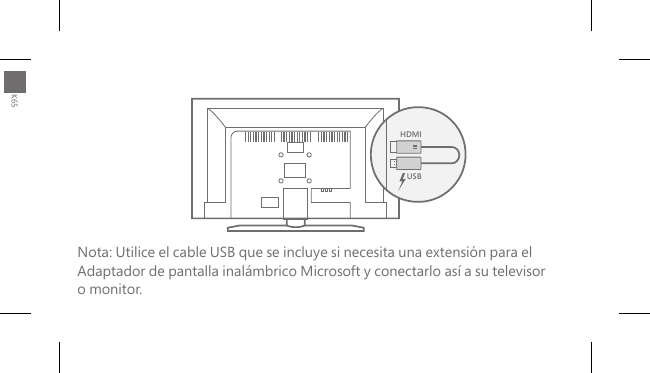 HDMIUSBNota: Utilice el cable USB que se incluye si necesita una extensión para el  Adaptador de pantalla inalámbrico Microsoft y conectarlo así a su televisor  o monitor.K65