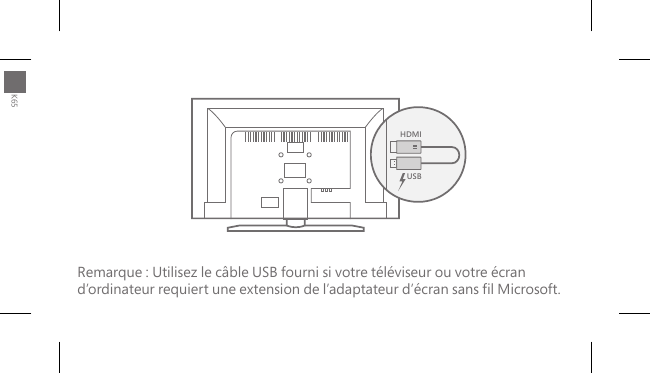 HDMIUSBRemarque : Utilisez le câble USB fourni si votre téléviseur ou votre écran  d’ordinateur requiert une extension de l’adaptateur d’écran sans l Microsoft.K65
