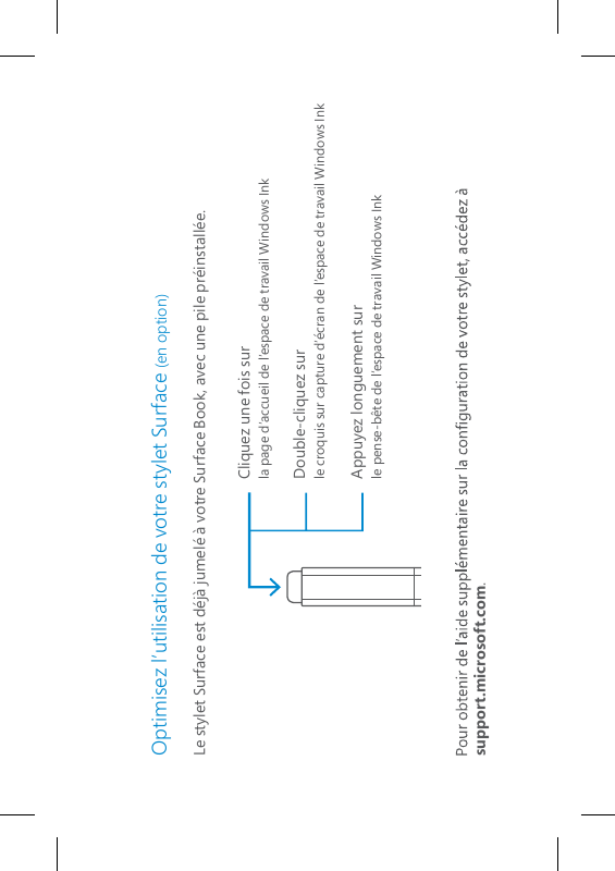 Optimisez l’utilisation de votre stylet Surface (en option)Le stylet Surface est déjà jumelé à votre Surface Book, avec une pile préinstallée.  support.microsoft.com.Cliquez une fois surla page d’accueil de l’espace de travail Windows InkDouble-cliquez surle croquis sur capture d’écran de l’espace de travail Windows InkAppuyez longuement surle pense-bête de l’espace de travail Windows Ink