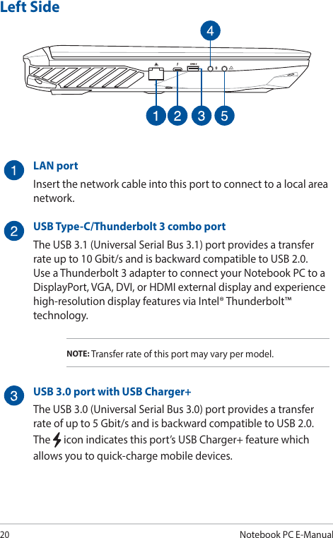 20Notebook PC E-ManualLeft Side LAN portInsert the network cable into this port to connect to a local area network.USB Type-C/Thunderbolt 3 combo portThe USB 3.1 (Universal Serial Bus 3.1) port provides a transfer rate up to 10 Gbit/s and is backward compatible to USB 2.0. Use a Thunderbolt 3 adapter to connect your Notebook PC to a DisplayPort, VGA, DVI, or HDMI external display and experience high-resolution display features via Intel® Thunderbolt™ technology.NOTE: Transfer rate of this port may vary per model.USB 3.0 port with USB Charger+The USB 3.0 (Universal Serial Bus 3.0) port provides a transfer rate of up to 5 Gbit/s and is backward compatible to USB 2.0. The   icon indicates this port’s USB Charger+ feature which allows you to quick-charge mobile devices.