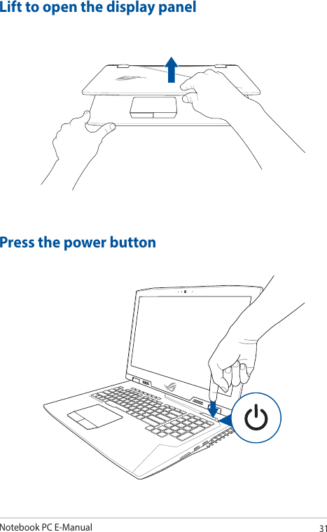 Notebook PC E-Manual31Lift to open the display panelPress the power button