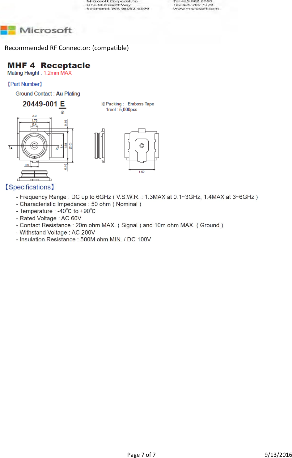 Page 7 of 7 9/13/2016   Recommended RF Connector: (compatible)    