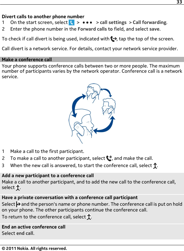 Divert calls to another phone number1 On the start screen, select   &gt;   &gt; call settings &gt; Call forwarding.2 Enter the phone number in the Forward calls to field, and select save.To check if call divert is being used, indicated with  , tap the top of the screen.Call divert is a network service. For details, contact your network service provider.Make a conference callYour phone supports conference calls between two or more people. The maximumnumber of participants varies by the network operator. Conference call is a networkservice.1 Make a call to the first participant.2 To make a call to another participant, select  , and make the call.3 When the new call is answered, to start the conference call, select  .Add a new participant to a conference callMake a call to another participant, and to add the new call to the conference call,select  .Have a private conversation with a conference call participantSelect   and the person&apos;s name or phone number. The conference call is put on holdon your phone. The other participants continue the conference call.To return to the conference call, select  .End an active conference callSelect end call.33© 2011 Nokia. All rights reserved.
