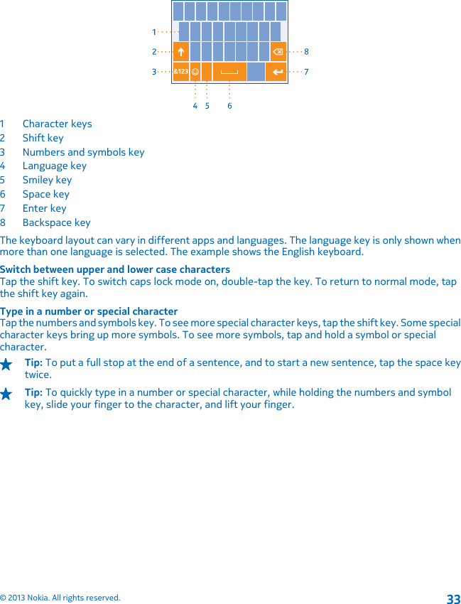 1Character keys2Shift key3 Numbers and symbols key4 Language key5Smiley key6Space key7Enter key8 Backspace keyThe keyboard layout can vary in different apps and languages. The language key is only shown whenmore than one language is selected. The example shows the English keyboard.Switch between upper and lower case charactersTap the shift key. To switch caps lock mode on, double-tap the key. To return to normal mode, tapthe shift key again.Type in a number or special characterTap the numbers and symbols key. To see more special character keys, tap the shift key. Some specialcharacter keys bring up more symbols. To see more symbols, tap and hold a symbol or specialcharacter.Tip: To put a full stop at the end of a sentence, and to start a new sentence, tap the space keytwice.Tip: To quickly type in a number or special character, while holding the numbers and symbolkey, slide your finger to the character, and lift your finger.© 2013 Nokia. All rights reserved.33