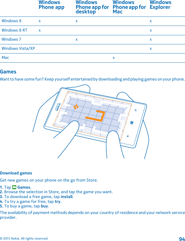 WindowsPhone app WindowsPhone app fordesktopWindowsPhone app forMacWindowsExplorerWindows 8 x x xWindows 8 RT x xWindows 7 x xWindows Vista/XP xMac xGamesWant to have some fun? Keep yourself entertained by downloading and playing games on your phone.Download gamesGet new games on your phone on the go from Store.1. Tap   Games.2. Browse the selection in Store, and tap the game you want.3. To download a free game, tap install.4. To try a game for free, tap try.5. To buy a game, tap buy.The availability of payment methods depends on your country of residence and your network serviceprovider.© 2013 Nokia. All rights reserved.94