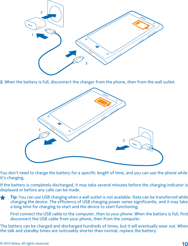 2. When the battery is full, disconnect the charger from the phone, then from the wall outlet.You don&apos;t need to charge the battery for a specific length of time, and you can use the phone whileit&apos;s charging.If the battery is completely discharged, it may take several minutes before the charging indicator isdisplayed or before any calls can be made.Tip: You can use USB charging when a wall outlet is not available. Data can be transferred whilecharging the device. The efficiency of USB charging power varies significantly, and it may takea long time for charging to start and the device to start functioning.First connect the USB cable to the computer, then to your phone. When the battery is full, firstdisconnect the USB cable from your phone, then from the computer.The battery can be charged and discharged hundreds of times, but it will eventually wear out. Whenthe talk and standby times are noticeably shorter than normal, replace the battery.© 2013 Nokia. All rights reserved.10