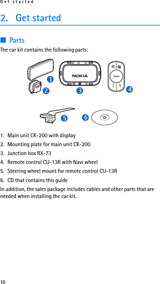 Get started102. Get started■PartsThe car kit contains the following parts:1. Main unit CK-200 with display2. Mounting plate for main unit CK-2003. Junction box RX-734. Remote control CU-13R with Navi wheel5. Steering wheel mount for remote control CU-13R6. CD that contains this guideIn addition, the sales package includes cables and other parts that are needed when installing the car kit.123456