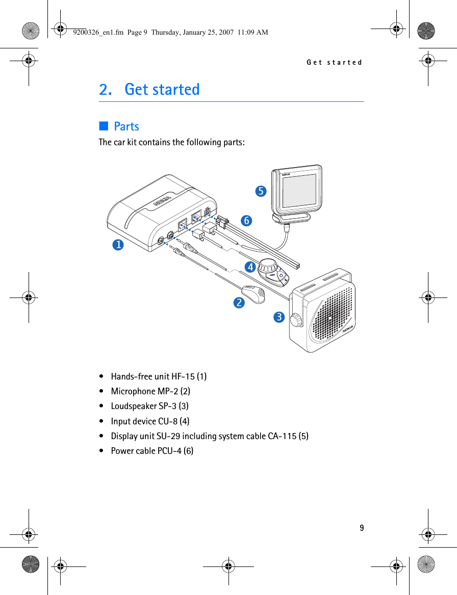 Get started92. Get started■PartsThe car kit contains the following parts:• Hands-free unit HF-15 (1)• Microphone MP-2 (2)• Loudspeaker SP-3 (3)• Input device CU-8 (4)• Display unit SU-29 including system cable CA-115 (5)• Power cable PCU-4 (6)2134569200326_en1.fm  Page 9  Thursday, January 25, 2007  11:09 AM