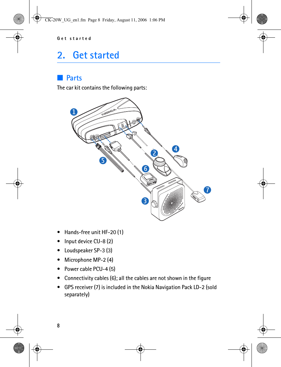 Get started82. Get started■PartsThe car kit contains the following parts:• Hands-free unit HF-20 (1)• Input device CU-8 (2)• Loudspeaker SP-3 (3)• Microphone MP-2 (4)• Power cable PCU-4 (5)• Connectivity cables (6); all the cables are not shown in the figure• GPS receiver (7) is included in the Nokia Navigation Pack LD-2 (sold separately)7CK-20W_UG_en1.fm  Page 8  Friday, August 11, 2006  1:06 PM
