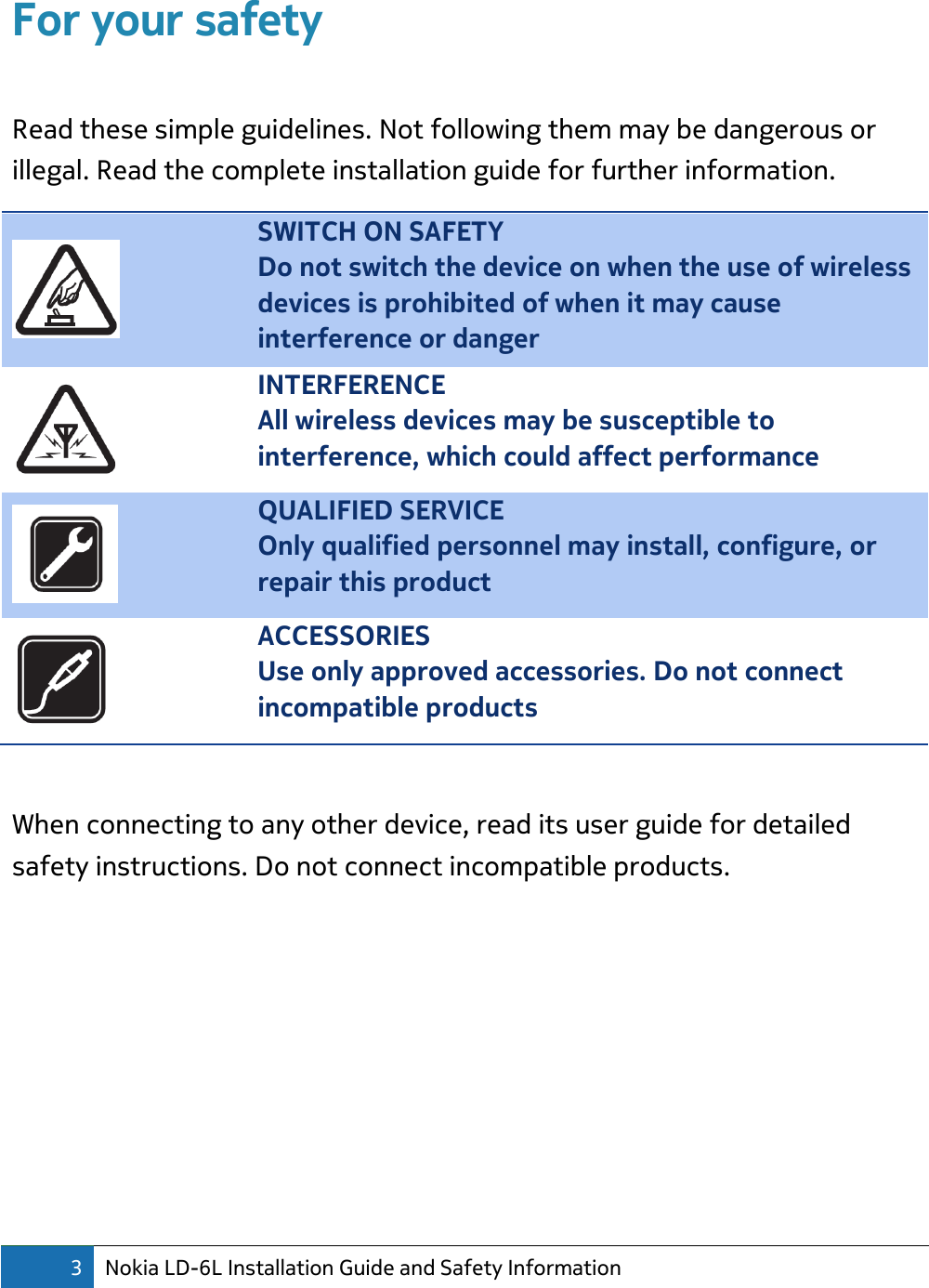 3 Nokia LD-6L Installation Guide and Safety Information  For your safety  Read these simple guidelines. Not following them may be dangerous or illegal. Read the complete installation guide for further information.  SWITCH ON SAFETY Do not switch the device on when the use of wireless devices is prohibited of when it may cause interference or danger  INTERFERENCE All wireless devices may be susceptible to interference, which could affect performance  QUALIFIED SERVICE Only qualified personnel may install, configure, or repair this product  ACCESSORIES Use only approved accessories. Do not connect incompatible products  When connecting to any other device, read its user guide for detailed safety instructions. Do not connect incompatible products.      