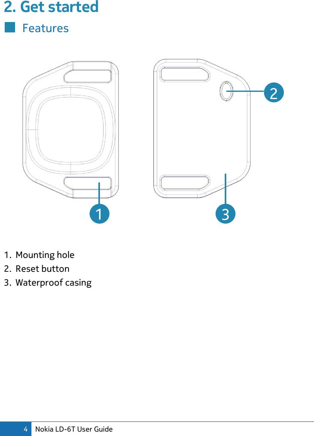 4 Nokia LD-6T User Guide  2. Get started Features     1. Mounting hole 2. Reset button 3. Waterproof casing    2  3  1 
